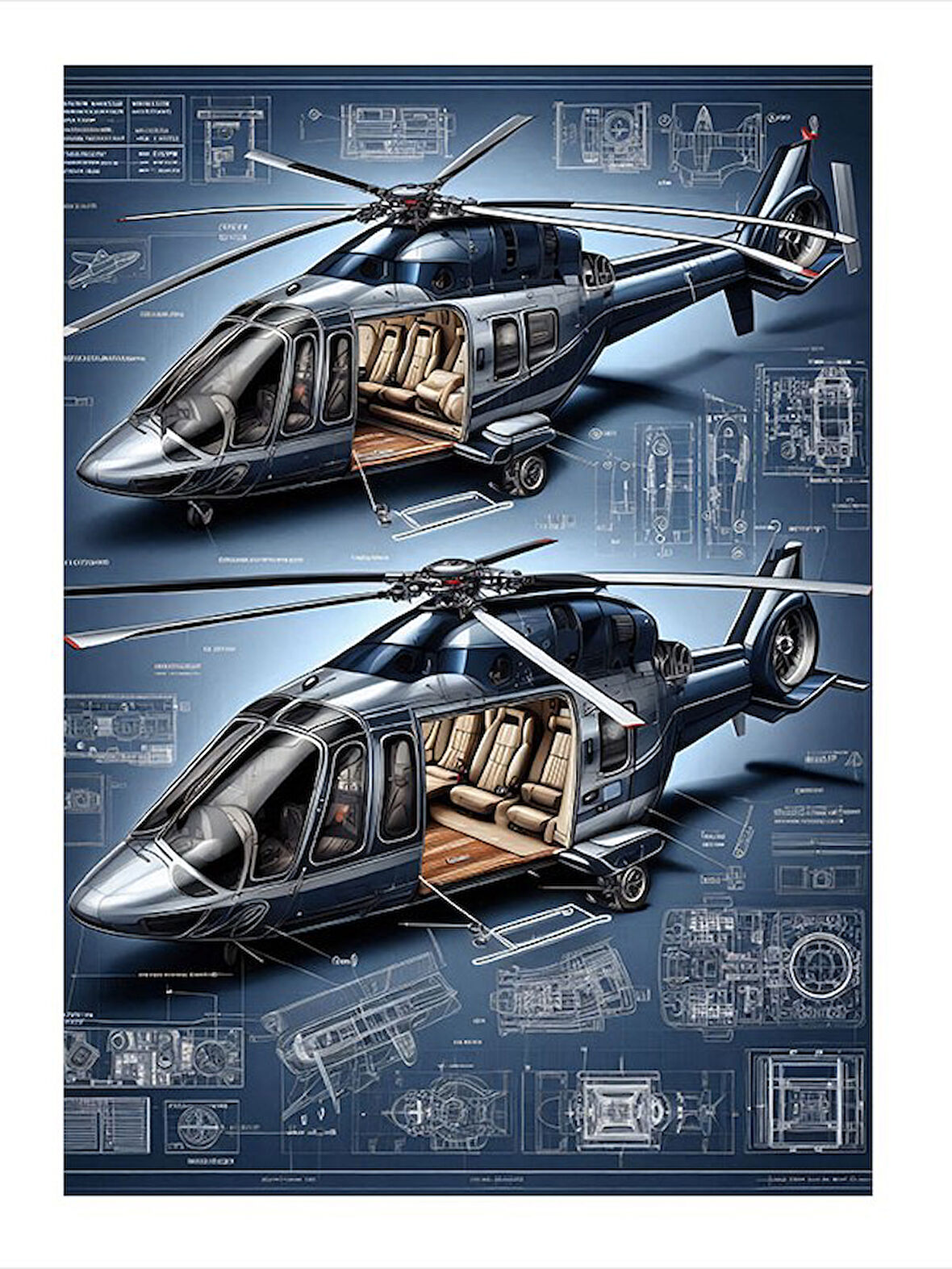 Çift Helikopter Teknik Çizimi Modern Mdf Tablo