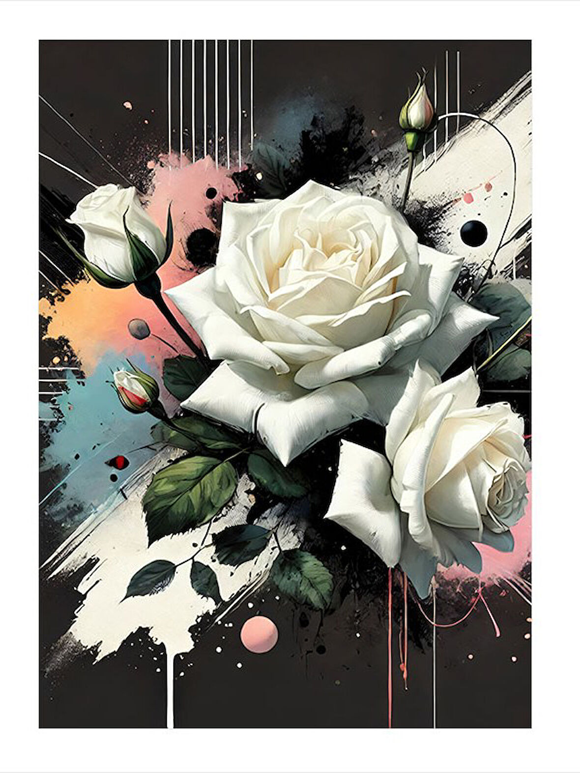 Beyaz Gül Çizimi Model Ahşap Tablo