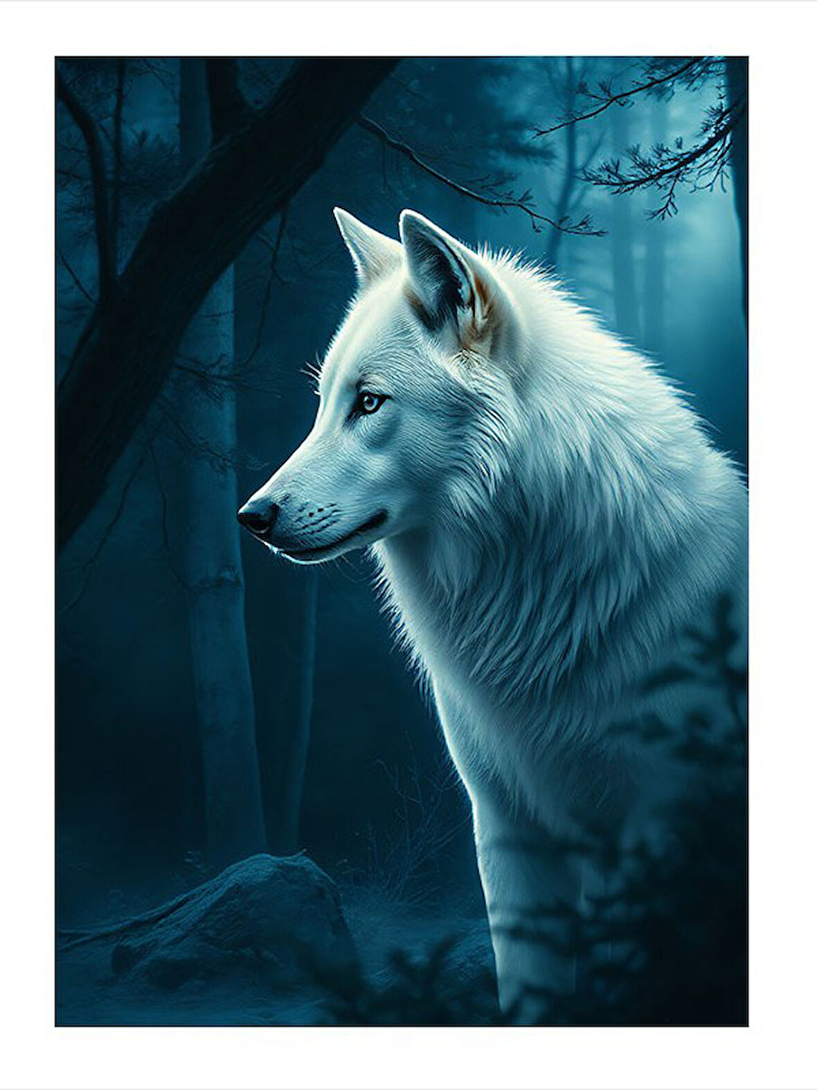Karanlıkta Beyaz Kurt Art Mdf Tablo