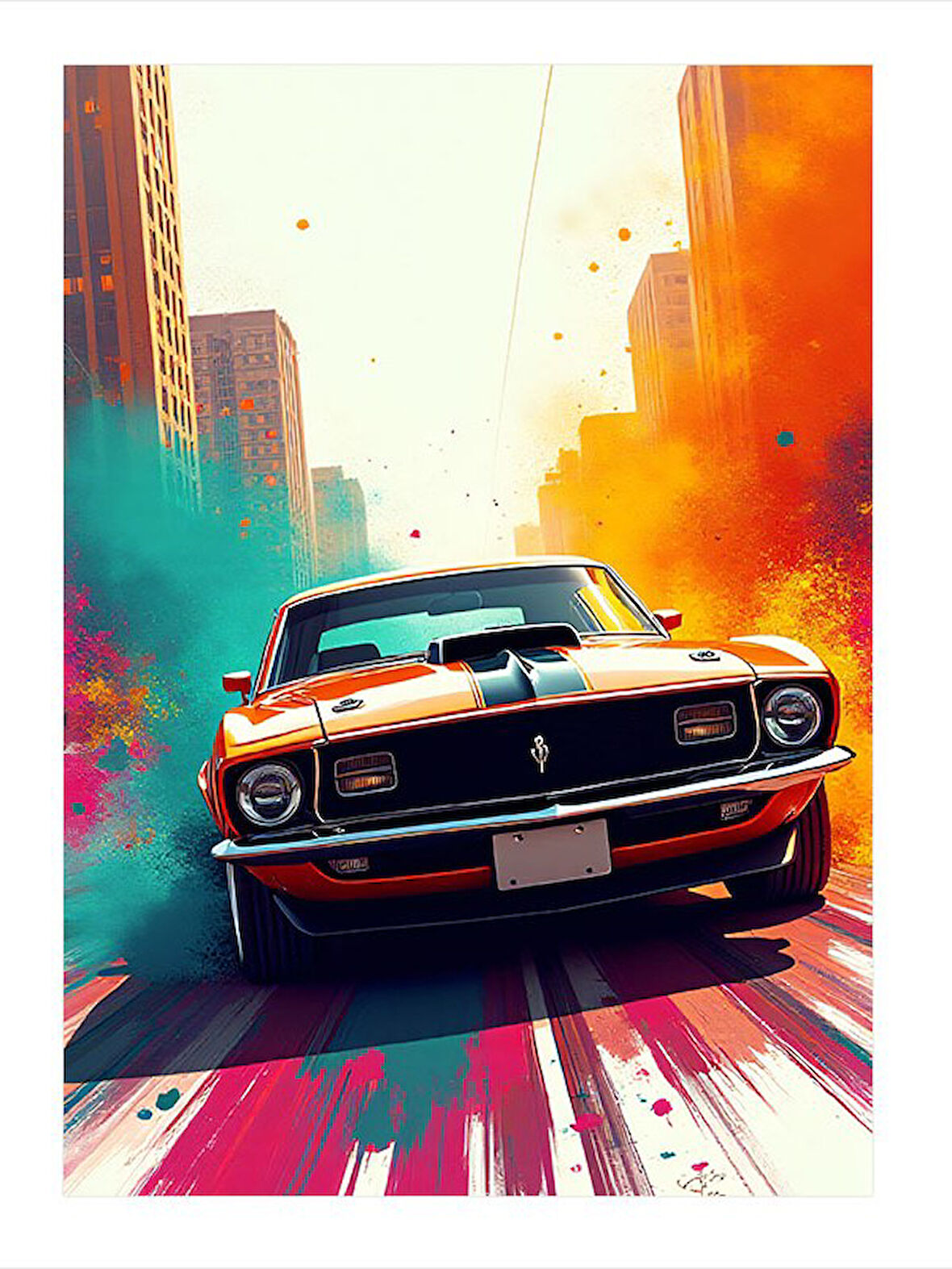 Şehirde Retro Spor Araba Desenli Ahşap Tablo