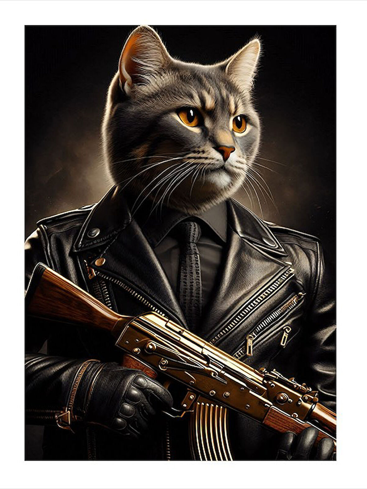 Silahlı Kedi Portresi Desenli Mdf Tablo