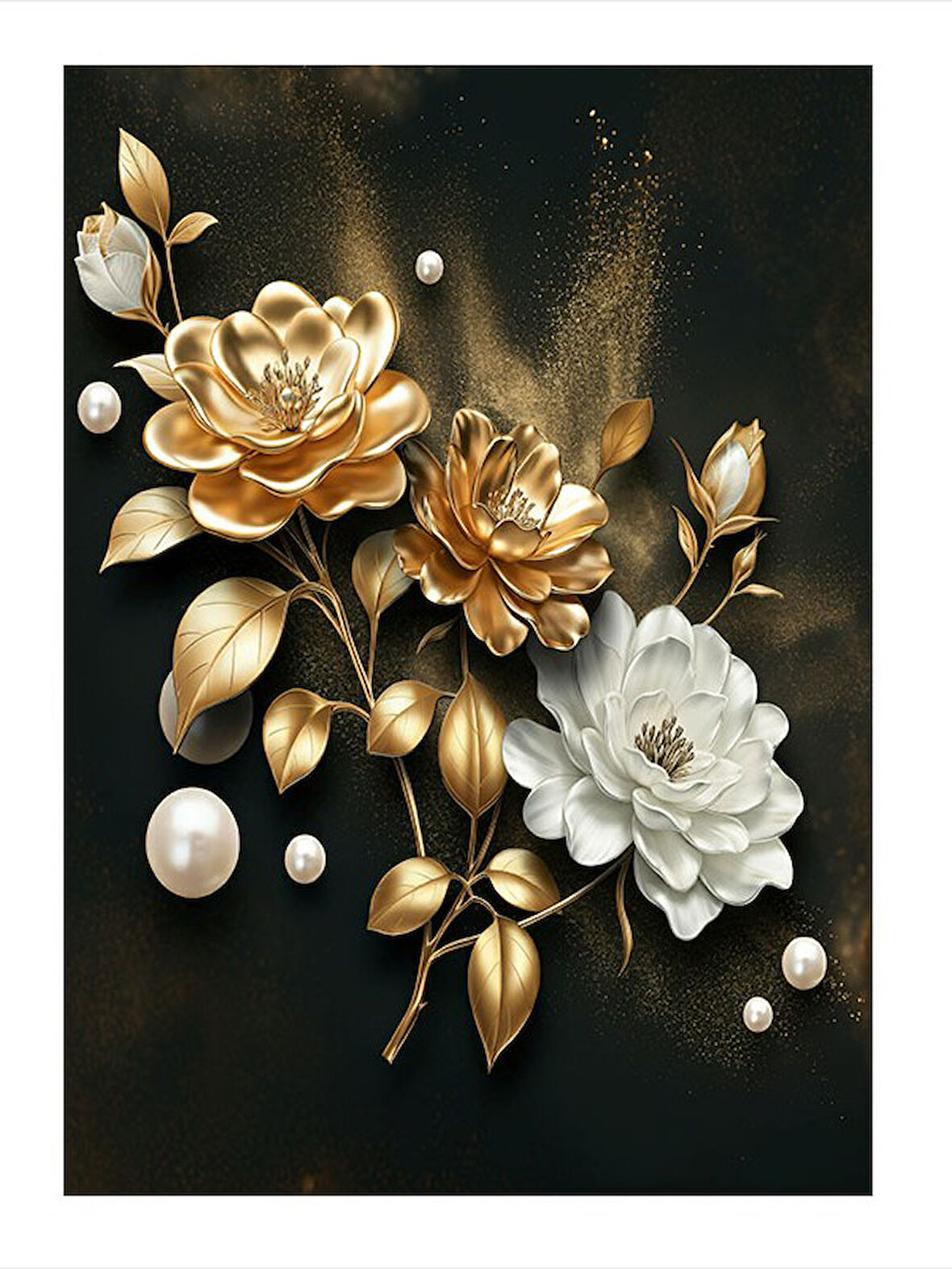 Altın Ve Beyaz Çiçek Deseni Art Mdf Tablo