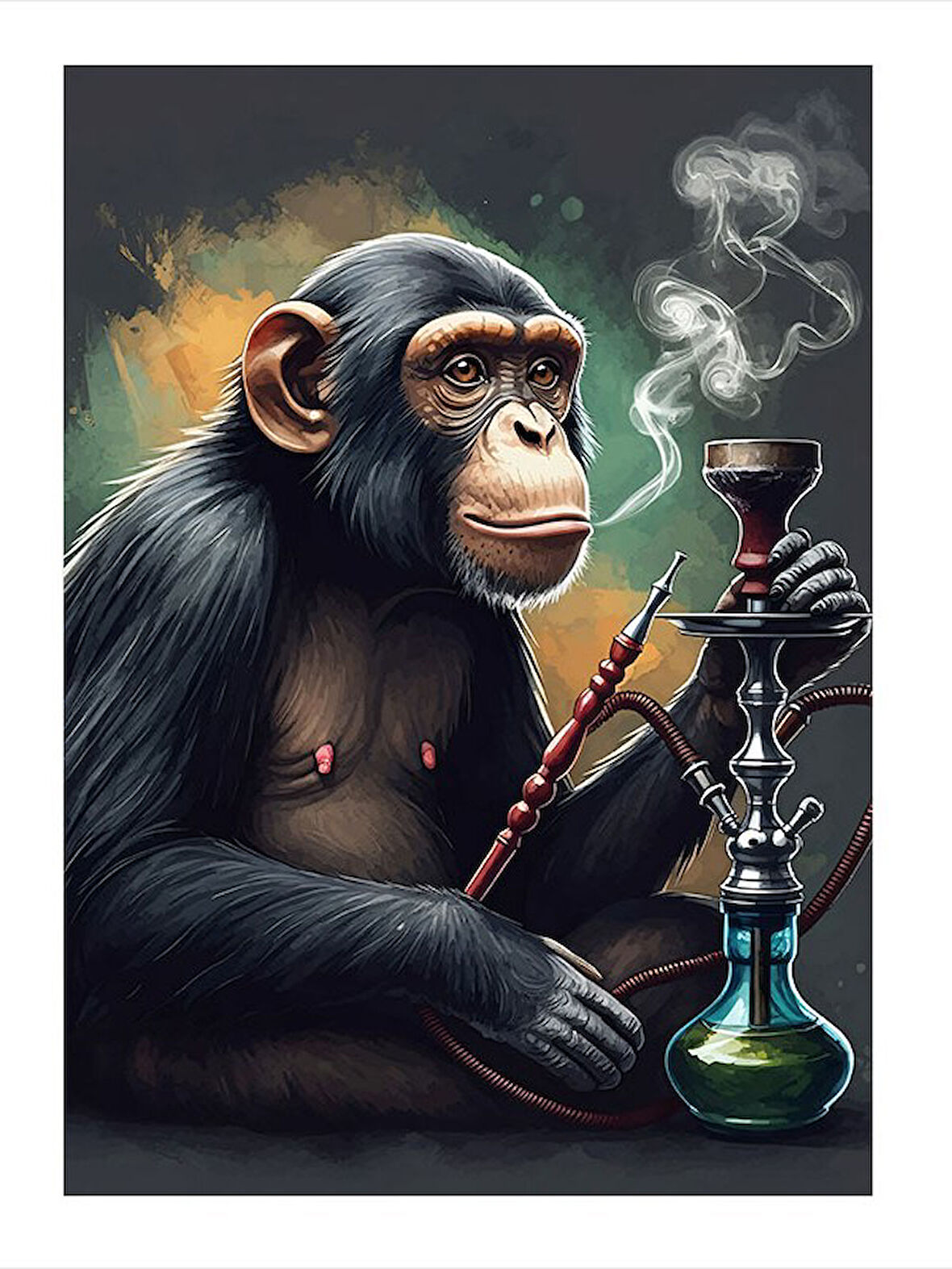 Nargile İçen Maymun Modern Ahşap Tablo