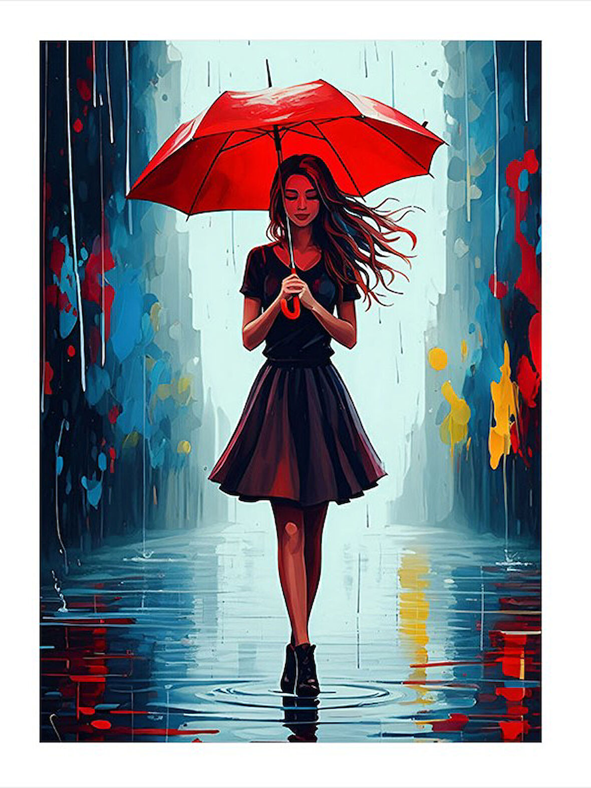 Kırmızı Şemsiyeli Kadın Mdf poster