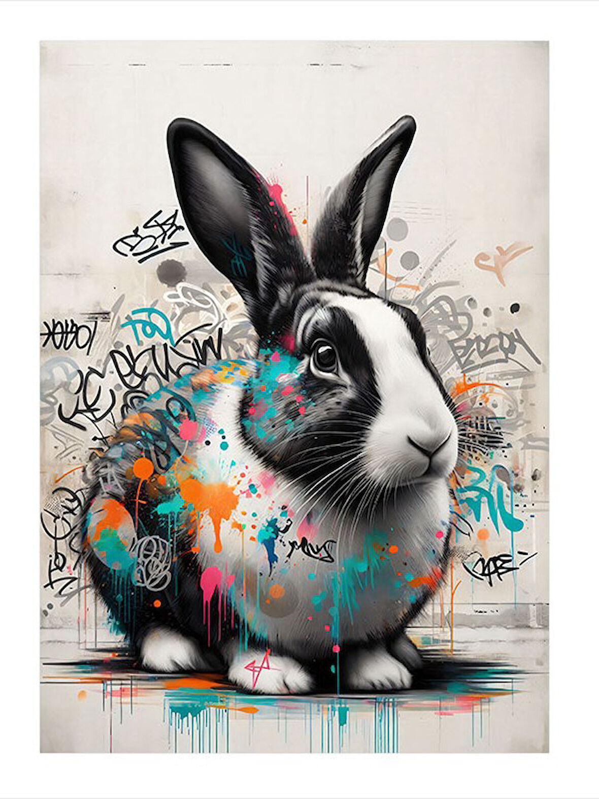 Grafiti Tavşan Çizimi Modern Ahşap Tablo