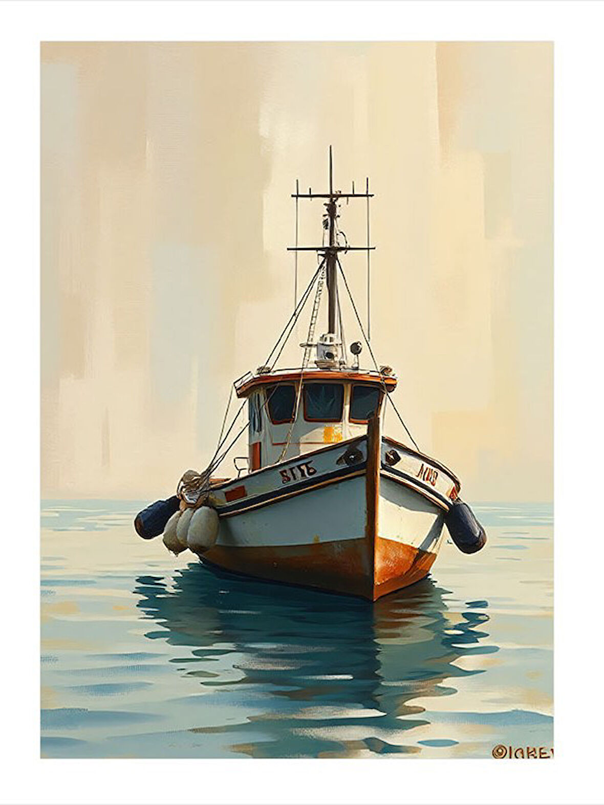 Denizde Küçük Balıkçı Teknesi Dekoratif ahşap Tablo