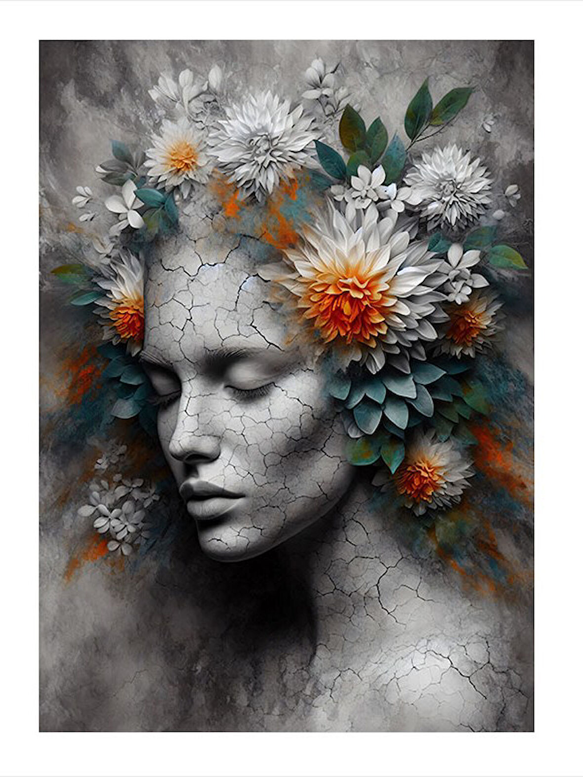 Çiçekli Kadın Yüzü Çizimi Desenli Ahşap Tablo