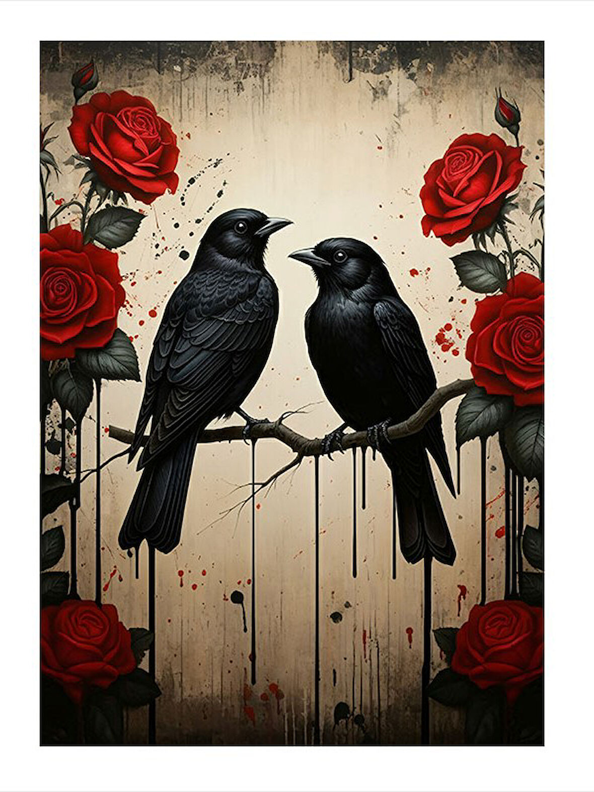 Kırmızı Güller Ve Siyah Kuşlar Desenli Mdf Tablo