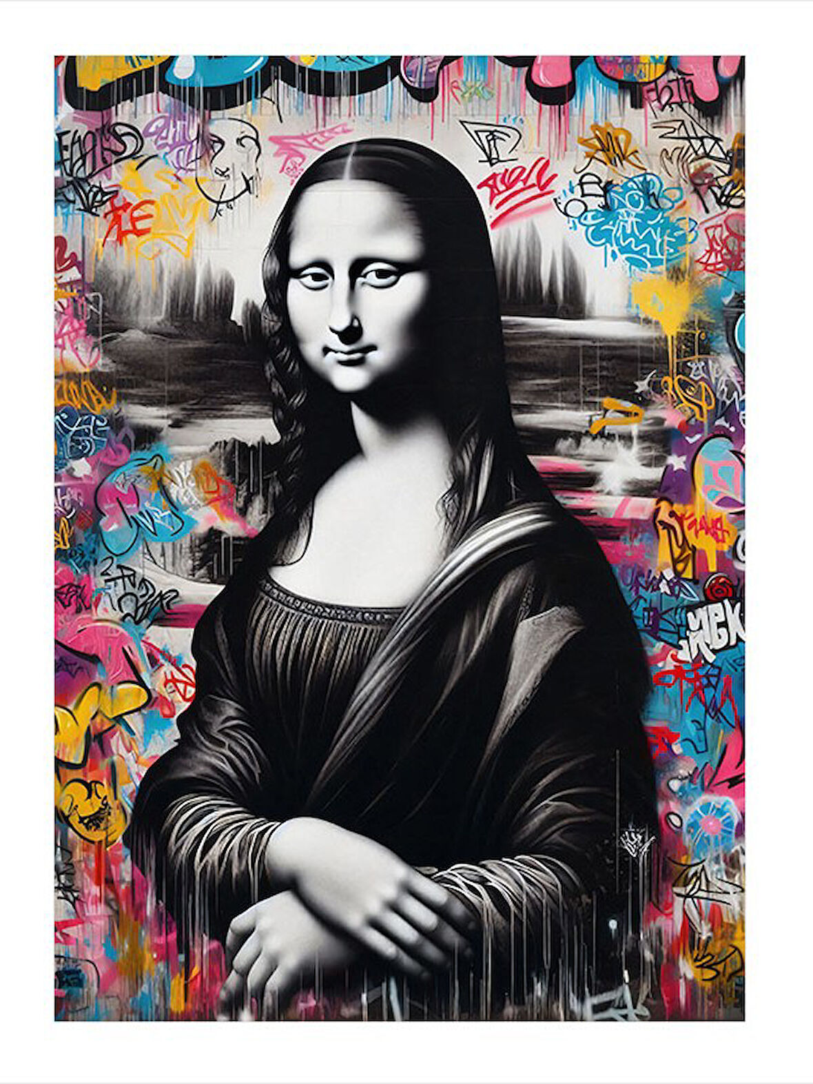 Graffiti İle Mona Lisa Modern Ahşap Tablo