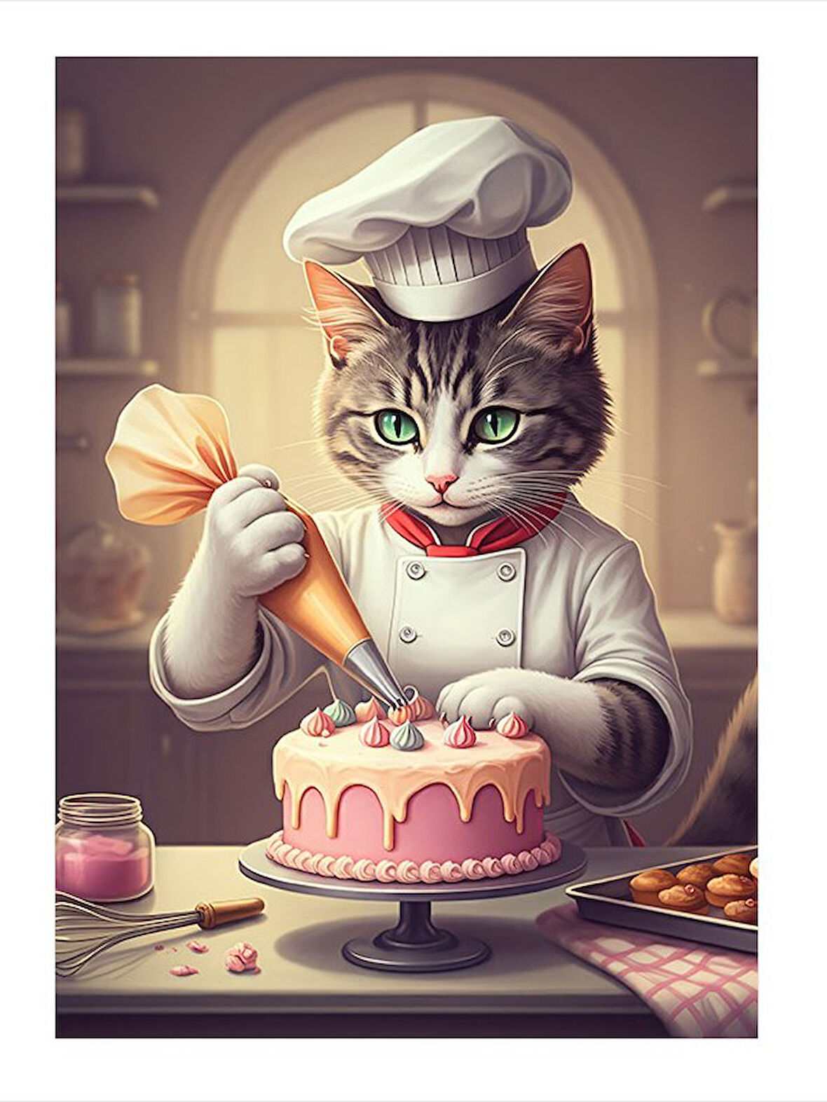 Pastacı Kedi Figürü Tasarım Ahşap Tablo