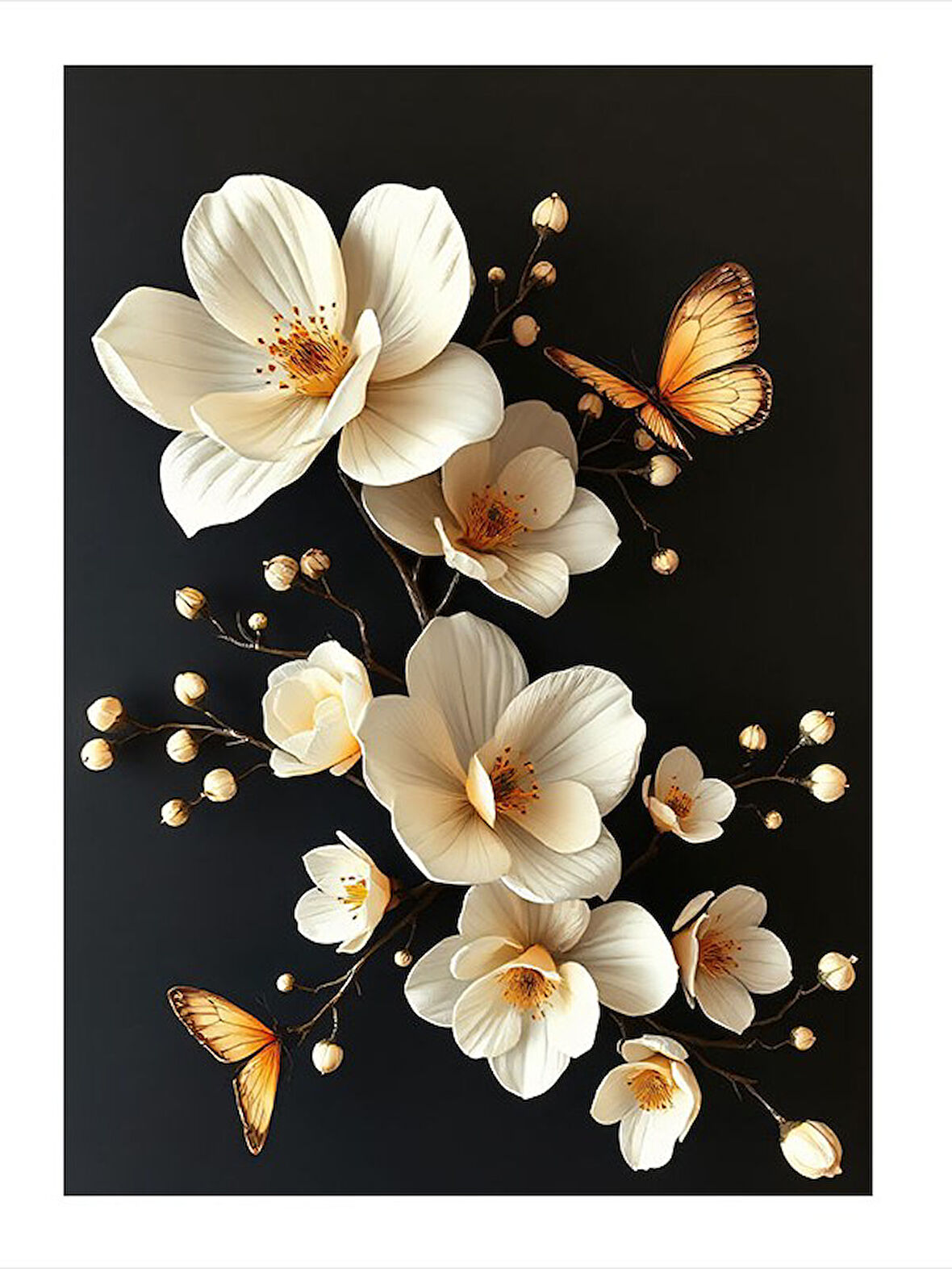 Beyaz Çiçek Ve Kelebek Deseni Tasarım Mdf Tablo