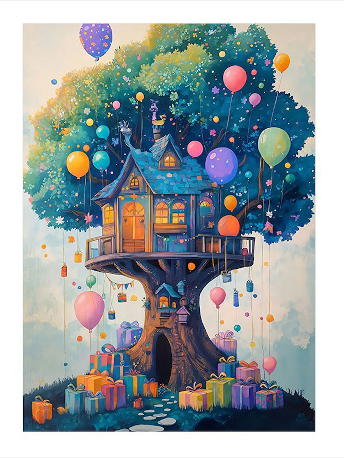 Renkli Balonlu Ağaç Evi Desenli Ahşap Tablo