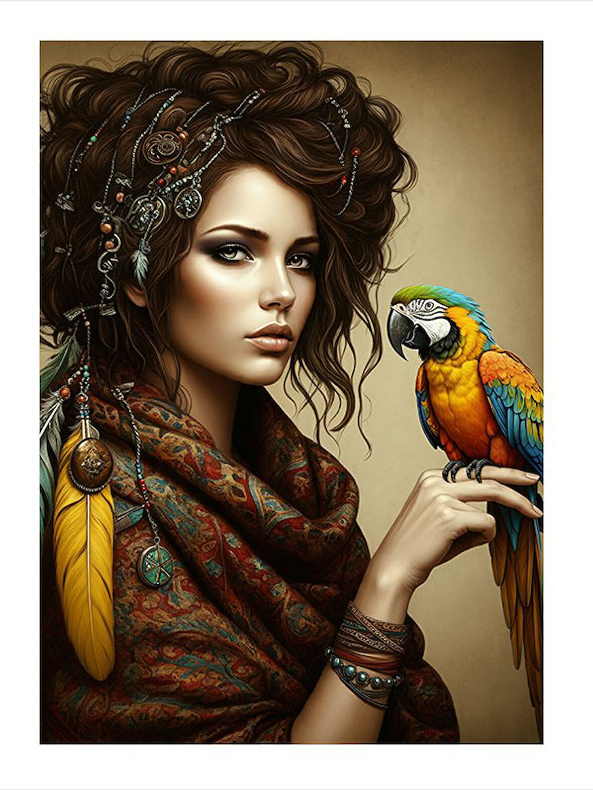 Papağanlı Kadın Portresi Art Mdf Poster