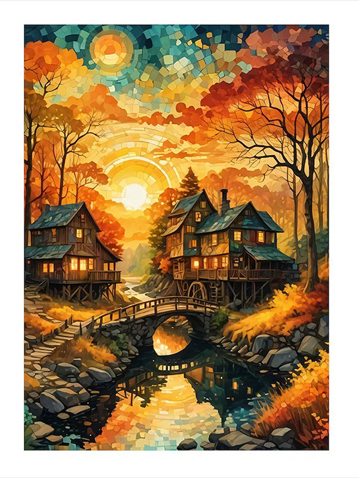 Ahşap Köy Evi Ve Nehir Desenli Ahşap Tablo