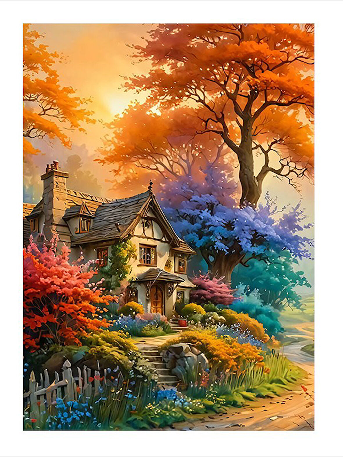 Geniş Bahçeli Ahşap Ev Desenli Ahşap Tablo