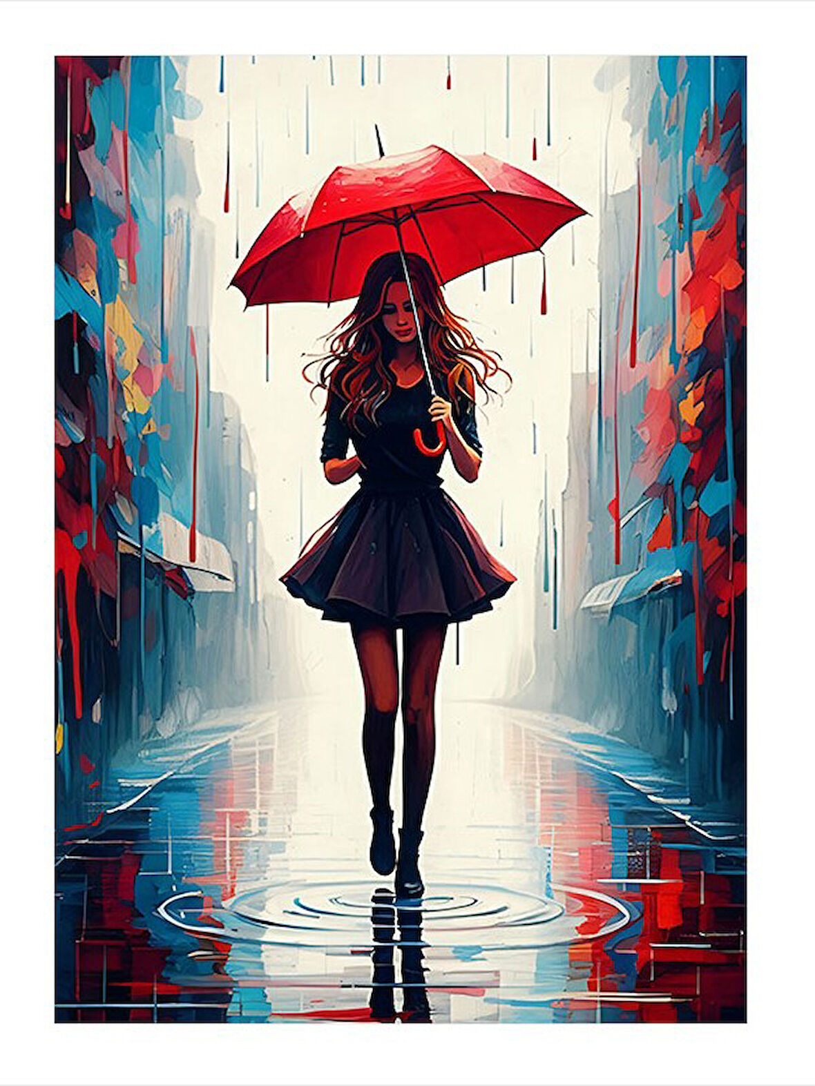 Kırmızı Şemsiye İle Yağmurda Kadın Modern Ahşap Tablo