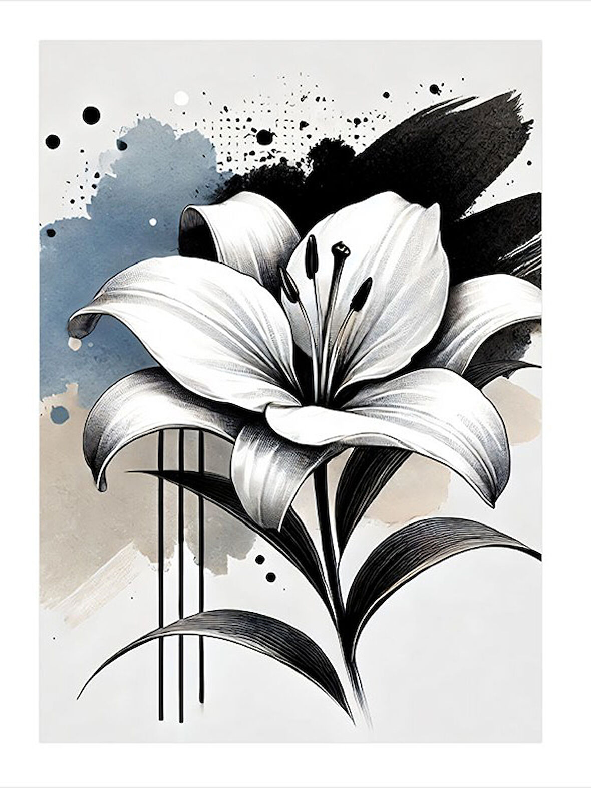 Siyah Beyaz Zambak Çizimi Hediyelik Ahşap Tablo