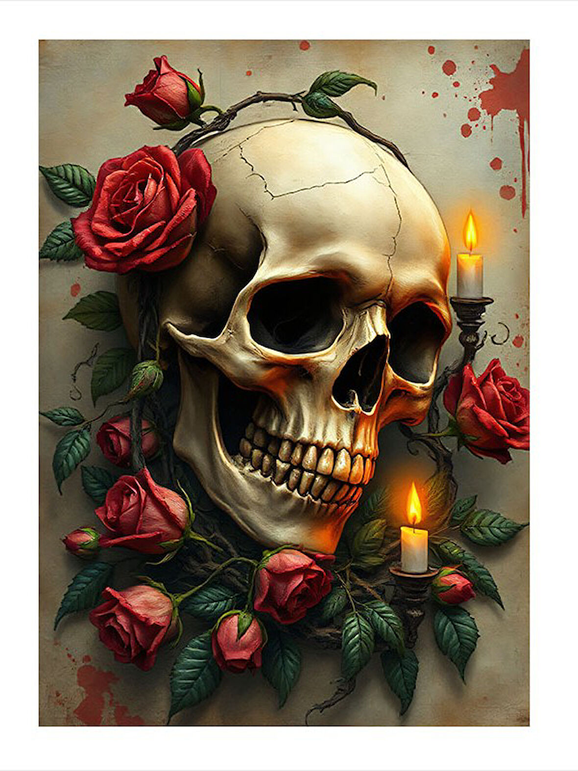 Kafatası Ve Kırmızı Güller Tasarım Mdf Tablo