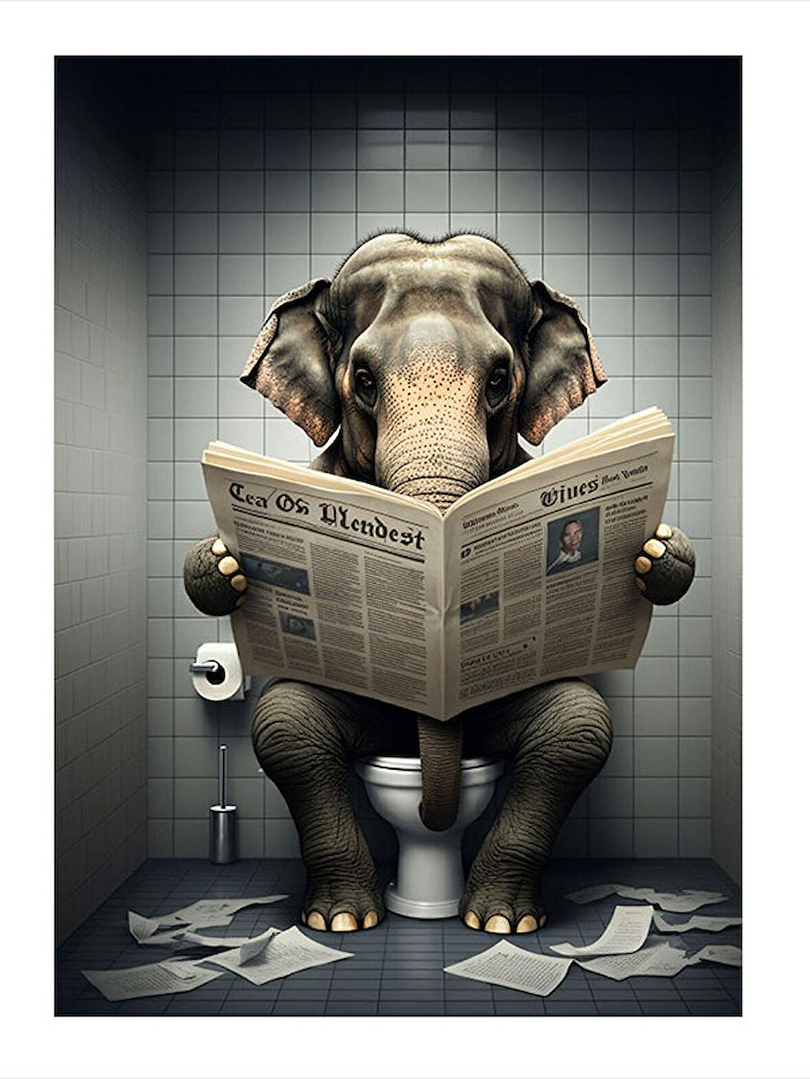 Gazete Okuyan Fil Model Ahşap Tablo