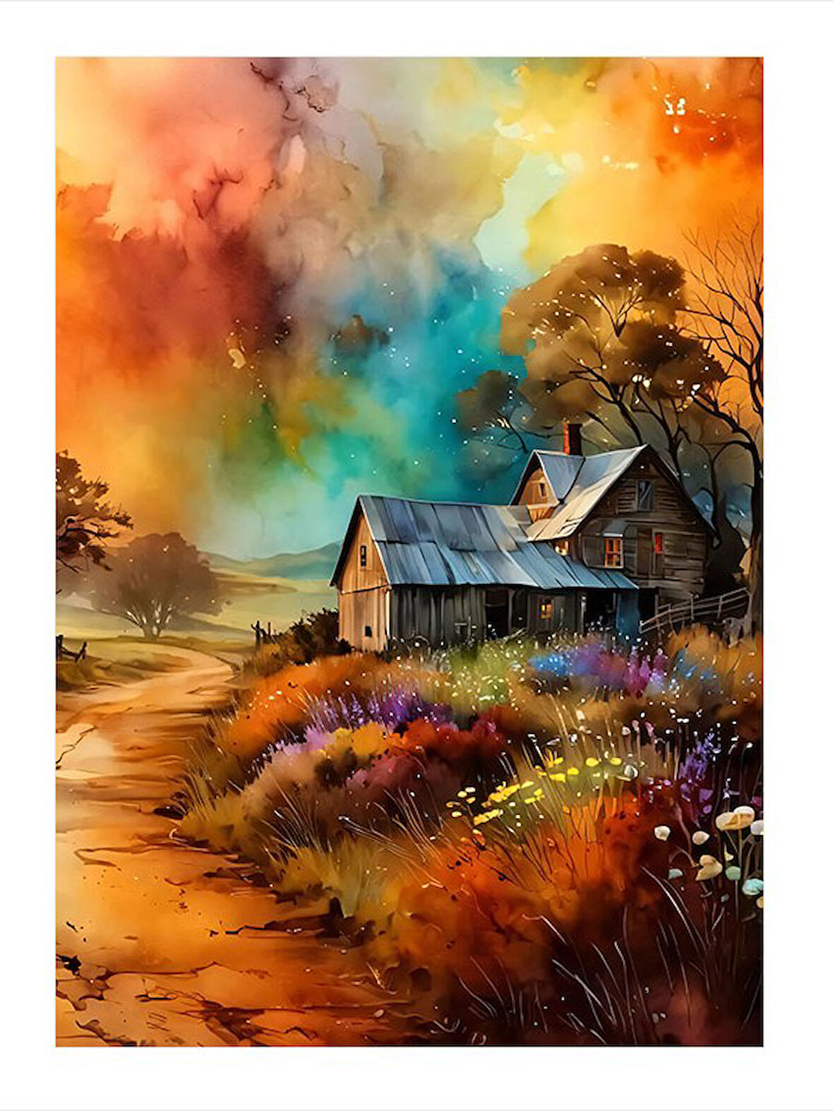 Pastoral Manzara Ve Soyut Arka Plan Desenli Mdf Tablo