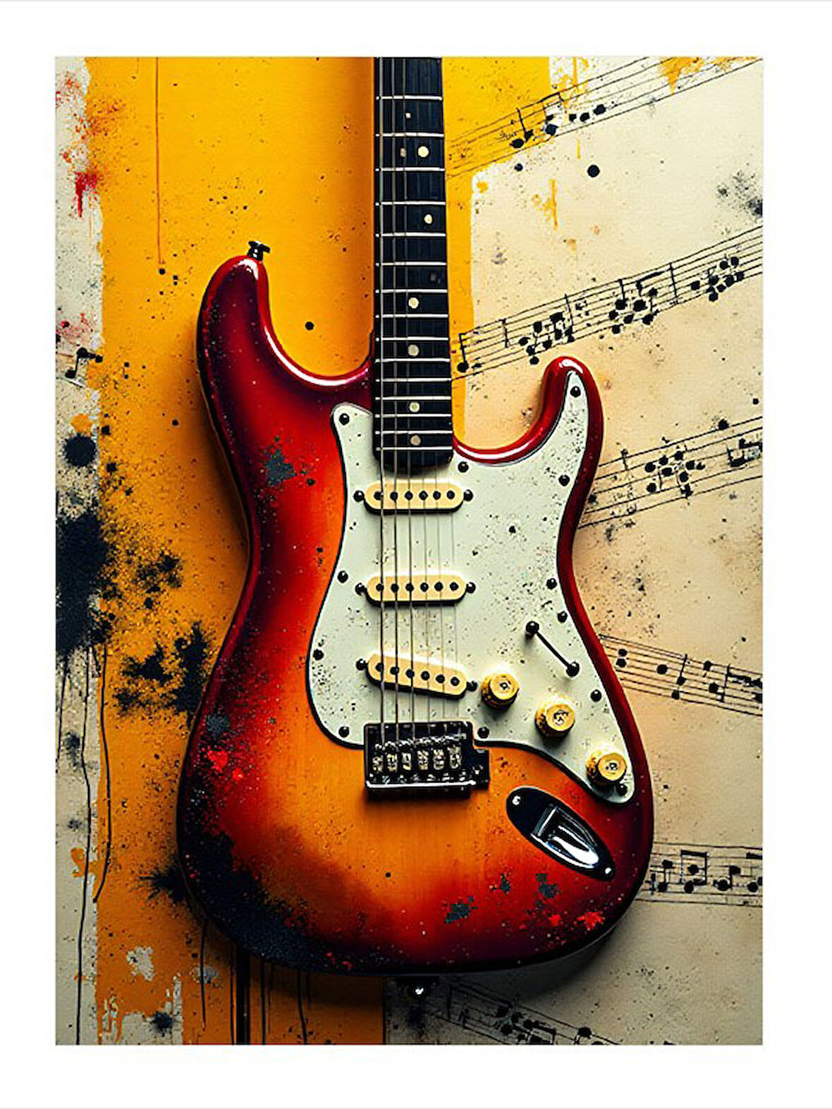 Kırmızı Elektro Gitar Ve Müzik Notaları Art Mdf Tablo