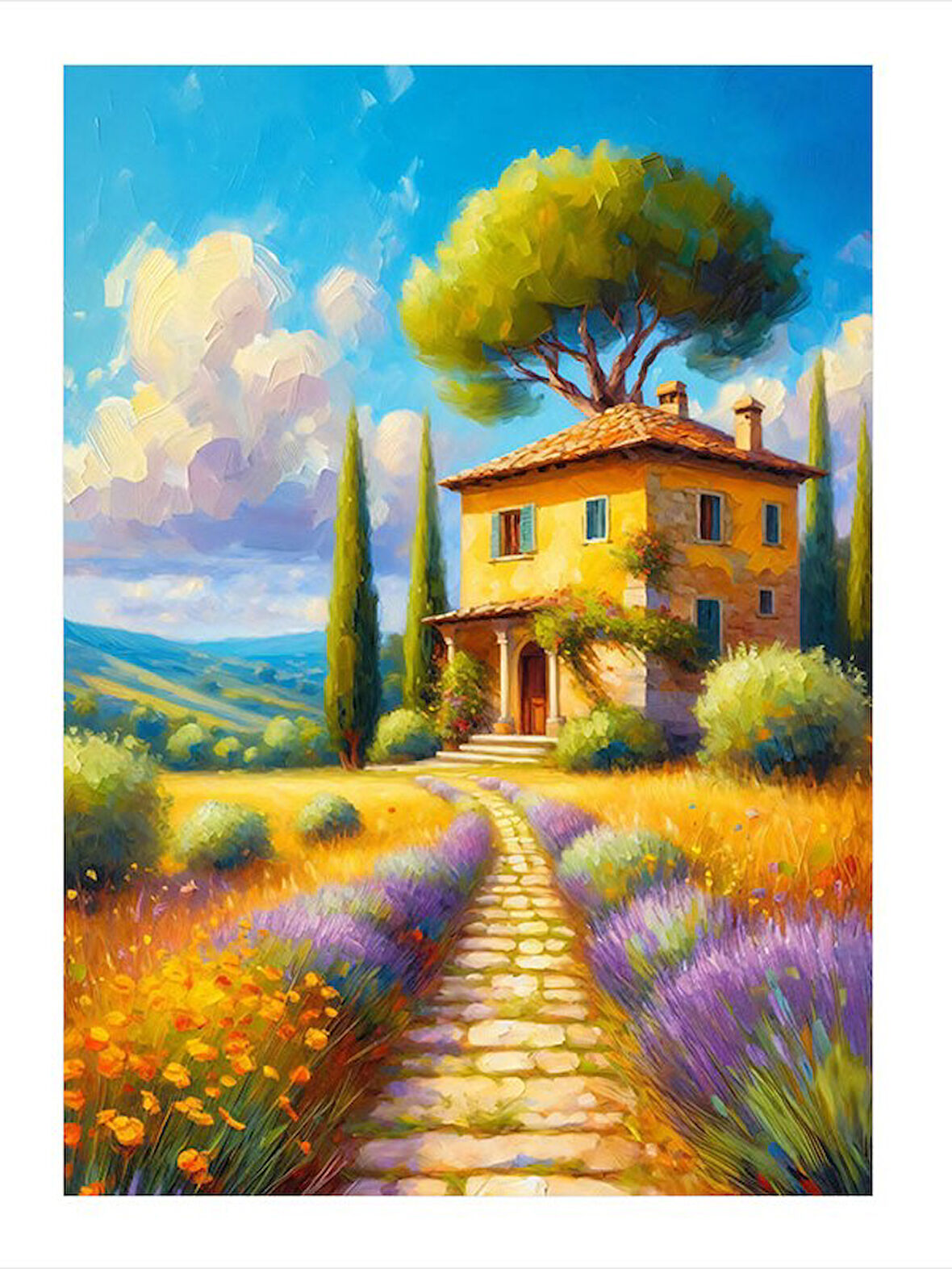 Toskana Tarzı Ev Ve Lavanta Bahçesi Modern Ahşap Tablo