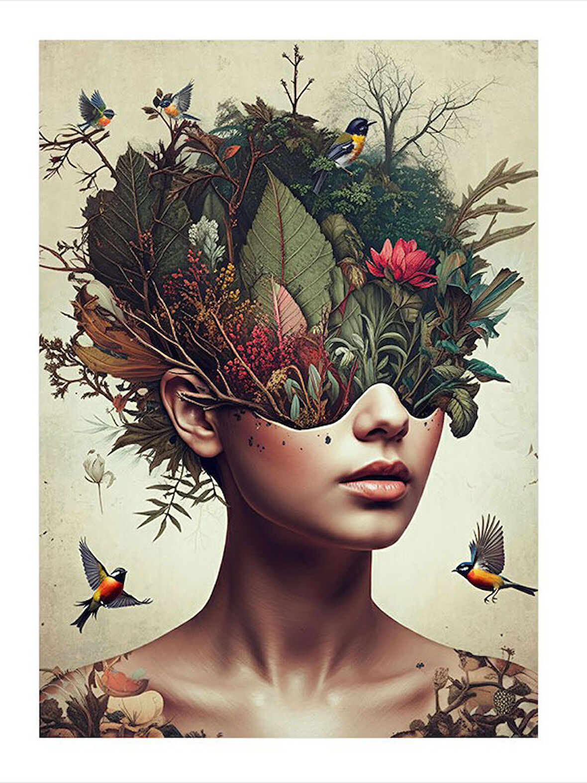 Doğa Ve Kuşlarla Kadın Portresi Model Ahşap Tablo