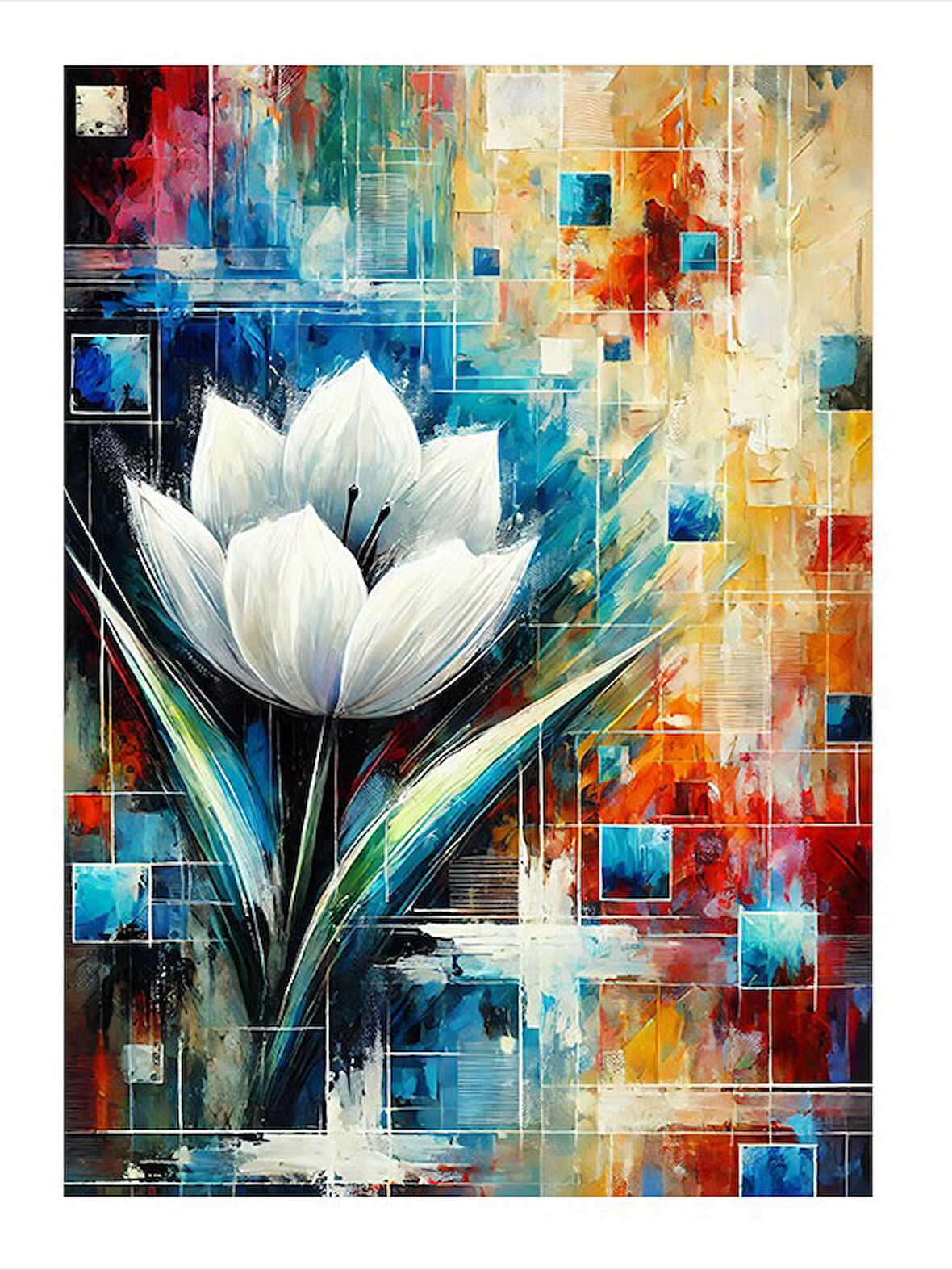 Soyut Beyaz Çiçek Çizimi Tasarım Mdf Tablo