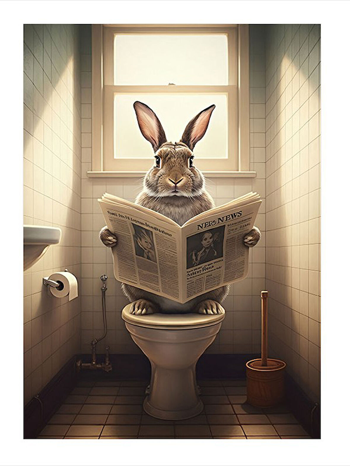 Gazete Okuyan Tavşan Model Ahşap Tablo