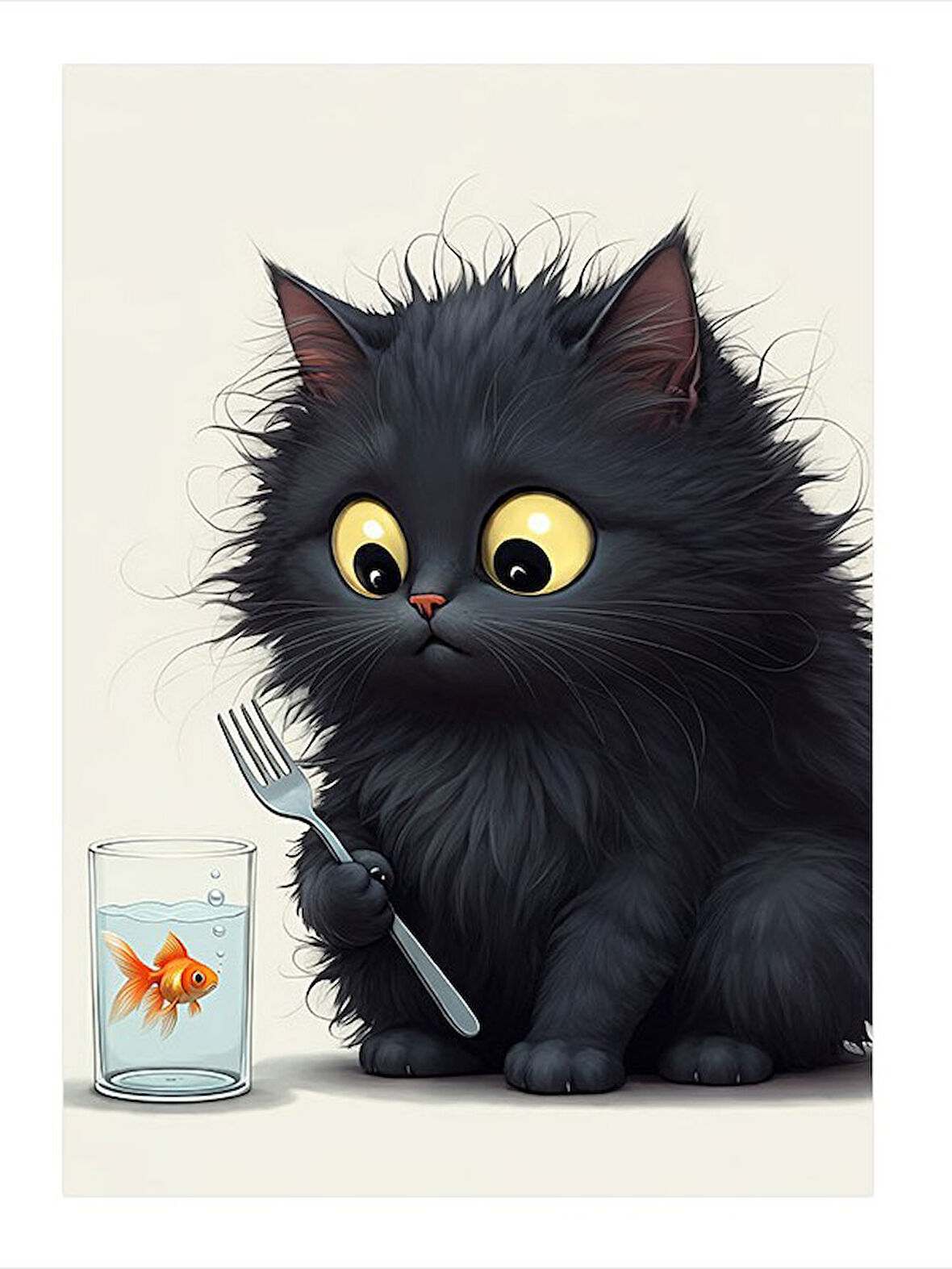 Şaşkın Siyah Kedi Ve Balık Art Mdf Poster