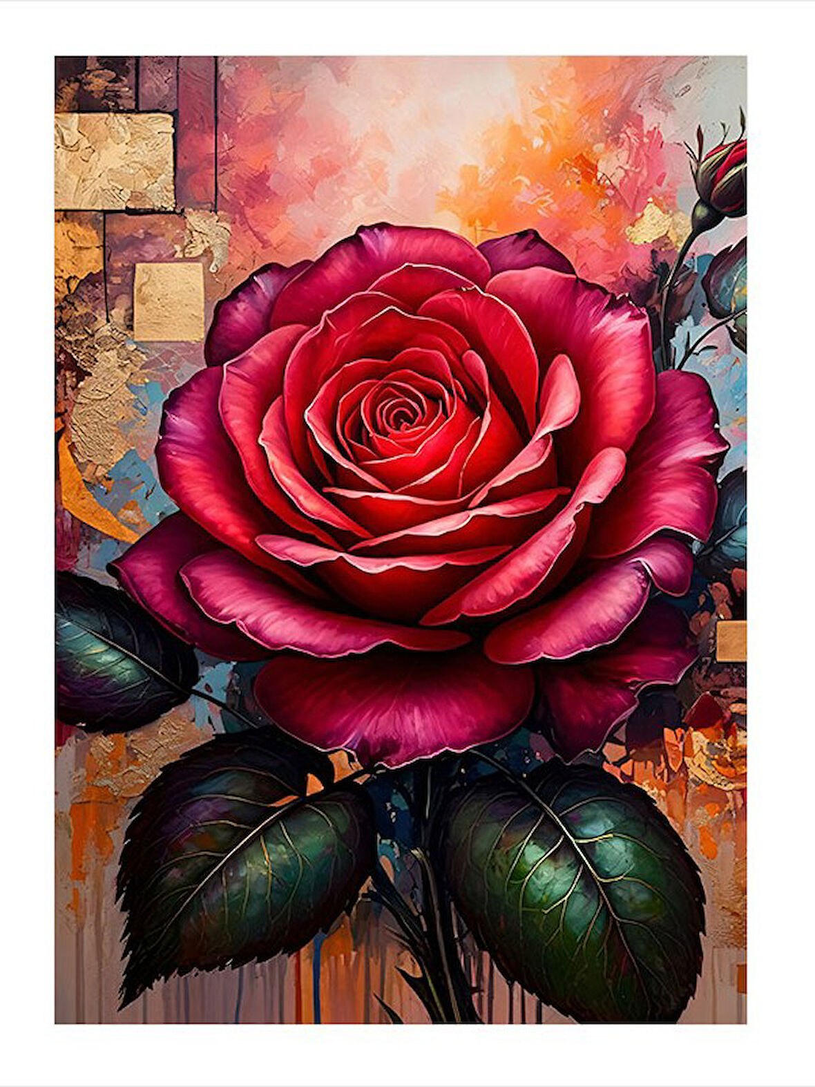 Kırmızı Gül Ve Modern Grafik Desenli Mdf Tablo