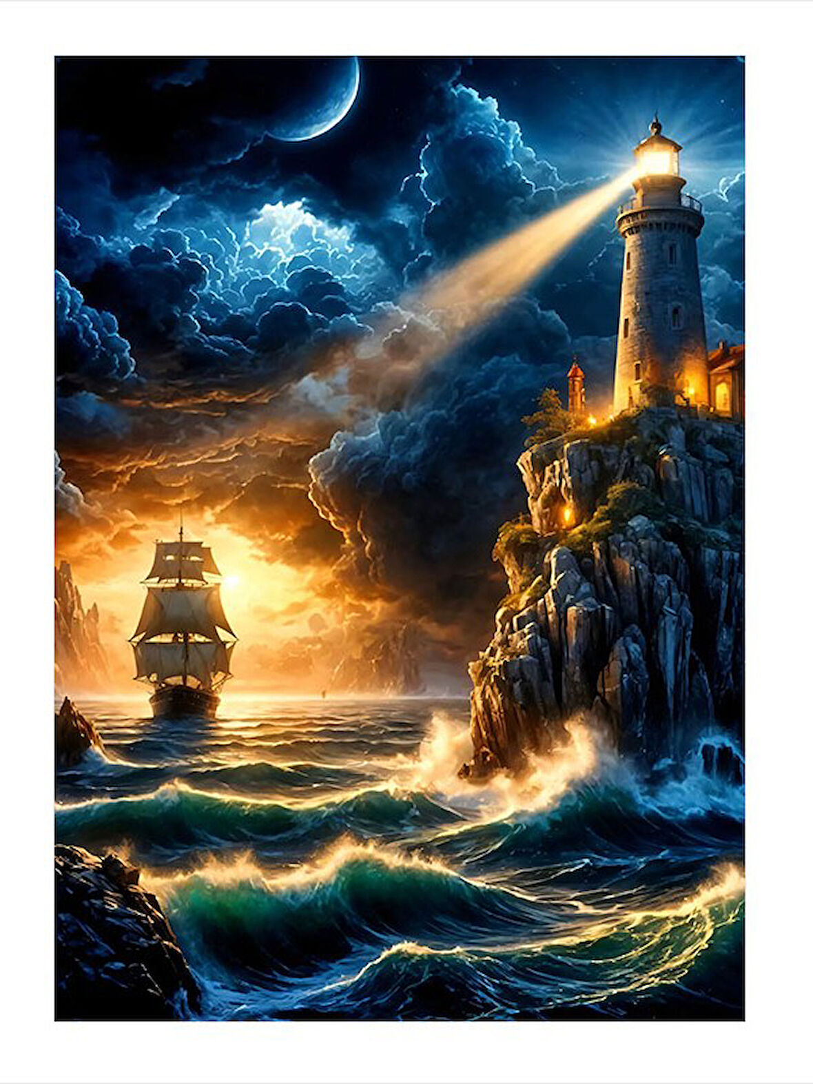 Fırtınalı Deniz Ve Deniz Feneri Manzarası Art Mdf Tablo