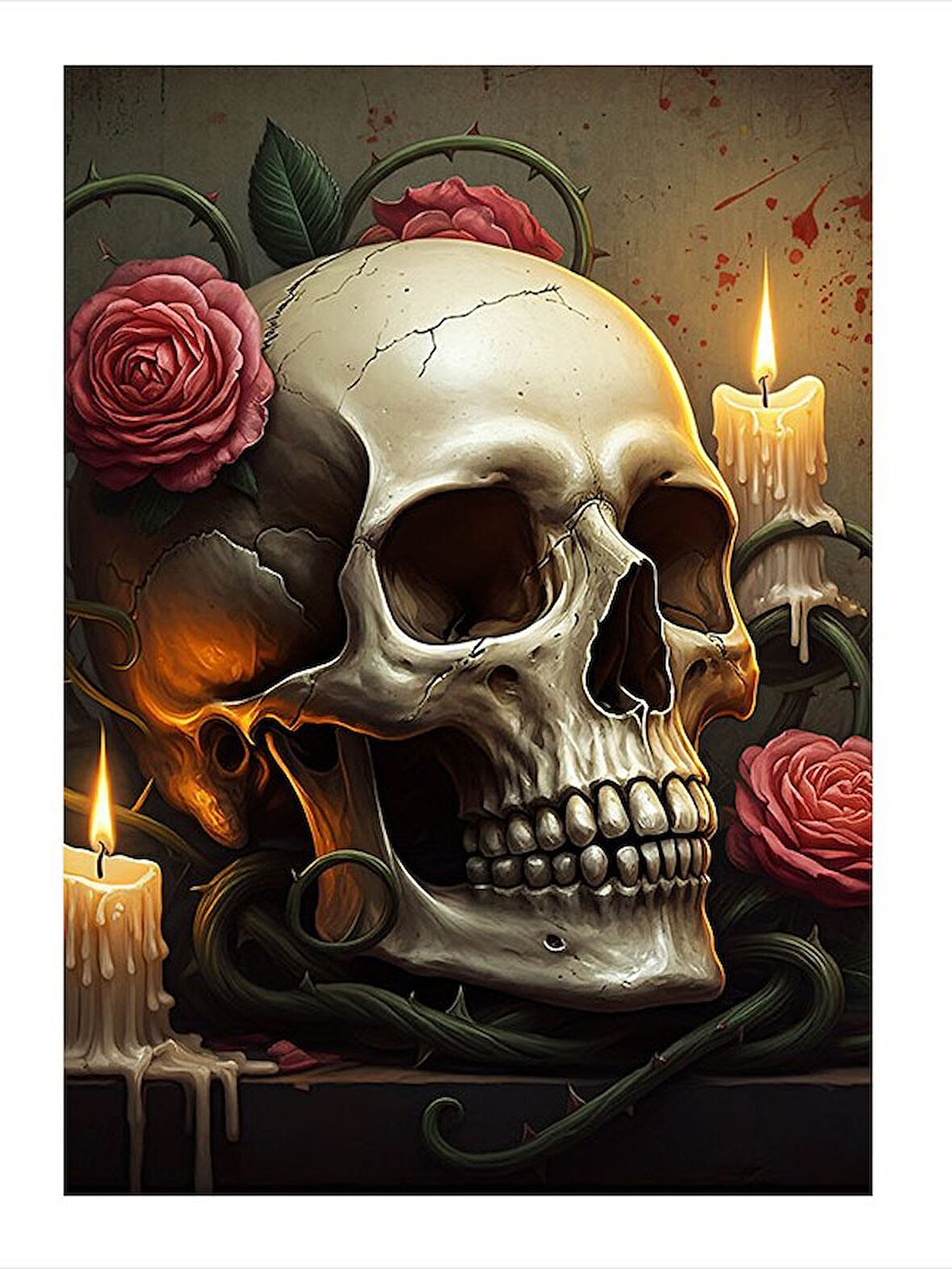 Kırmızı Güllerle Süslenmiş Kafatası Desenli Ahşap Tablo