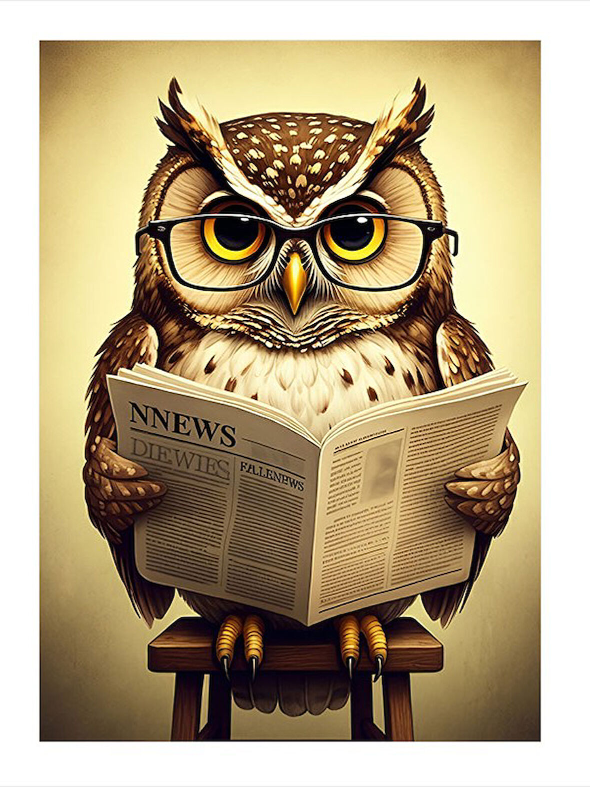 Gazete Okuyan Baykuş Figürü Mdf Tablo