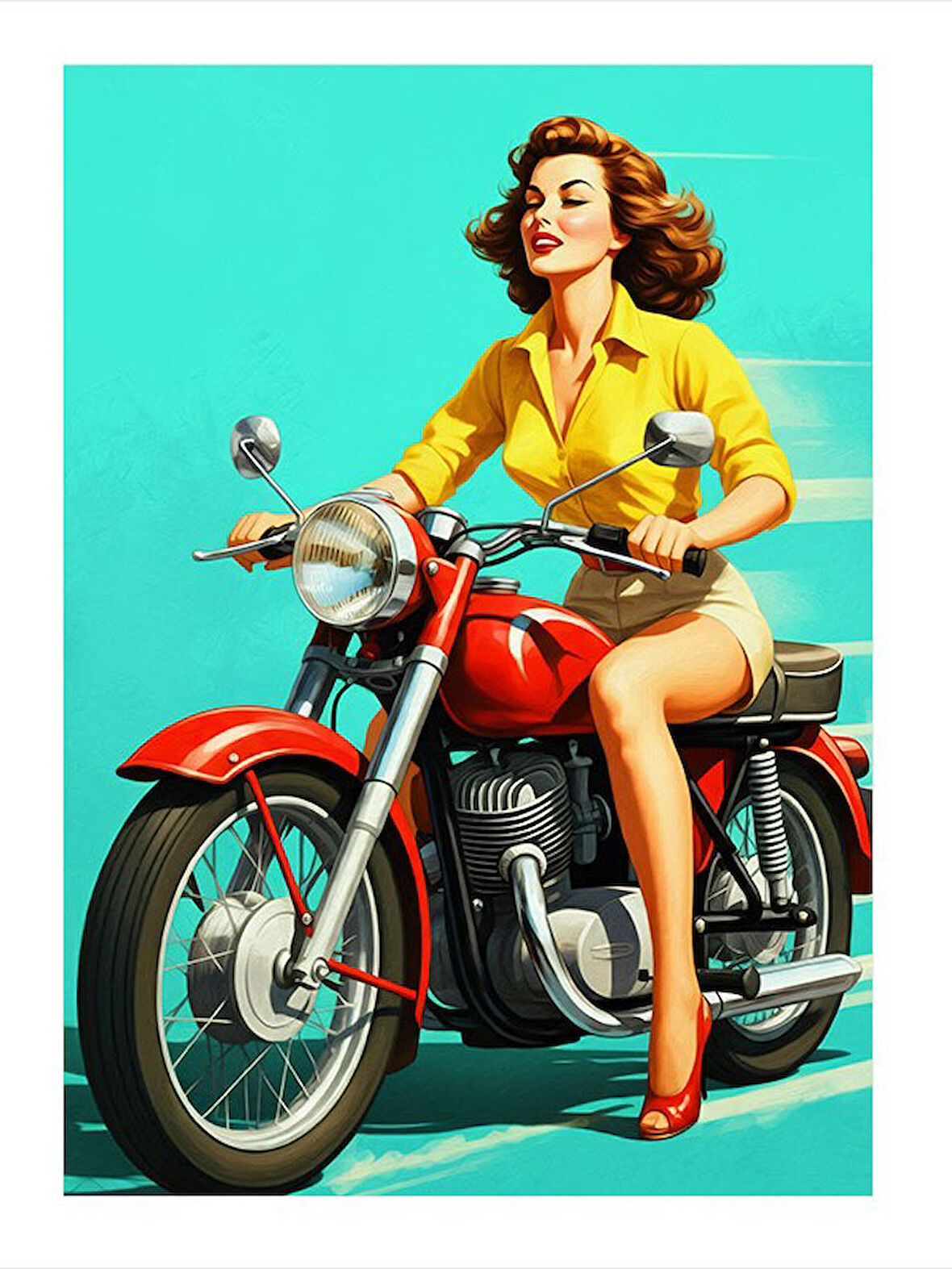 Kırmızı Motosiklet Süren Retro Kadın Desenli Ahşap Tablo