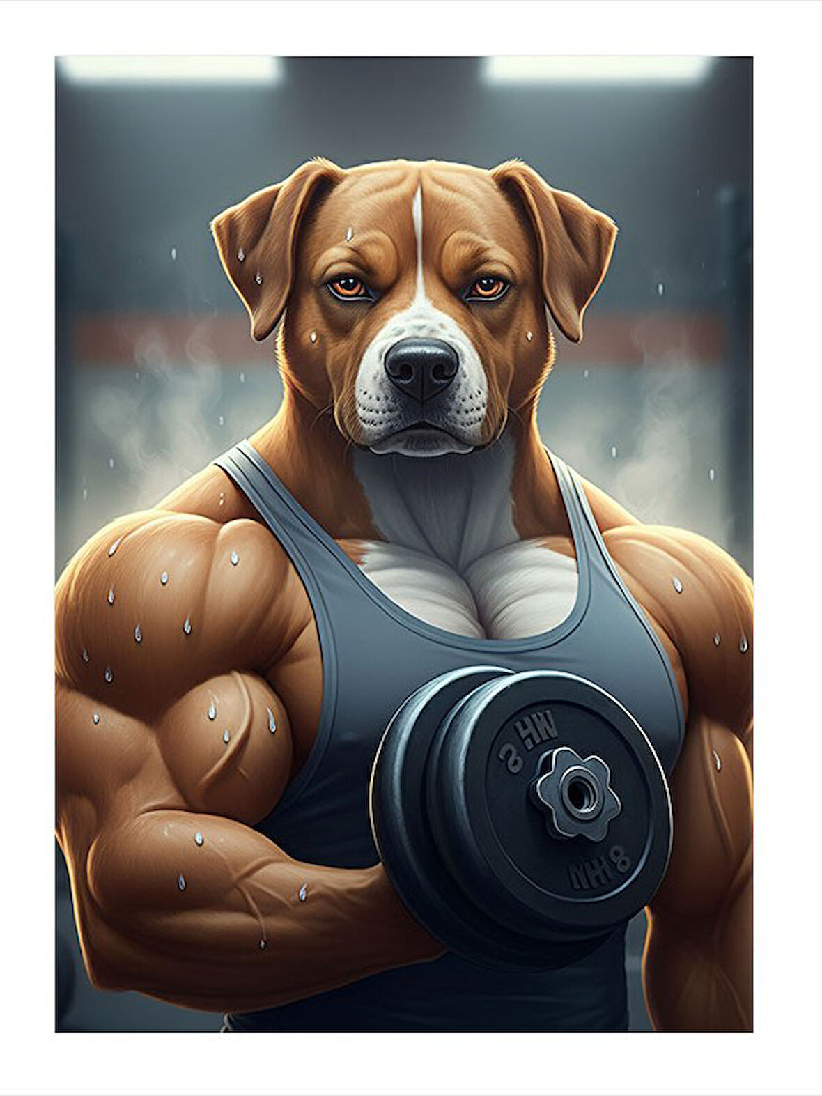 Kaslı Sporcu Köpek Ve Dumbbell Hediyelik Mdf Tablo