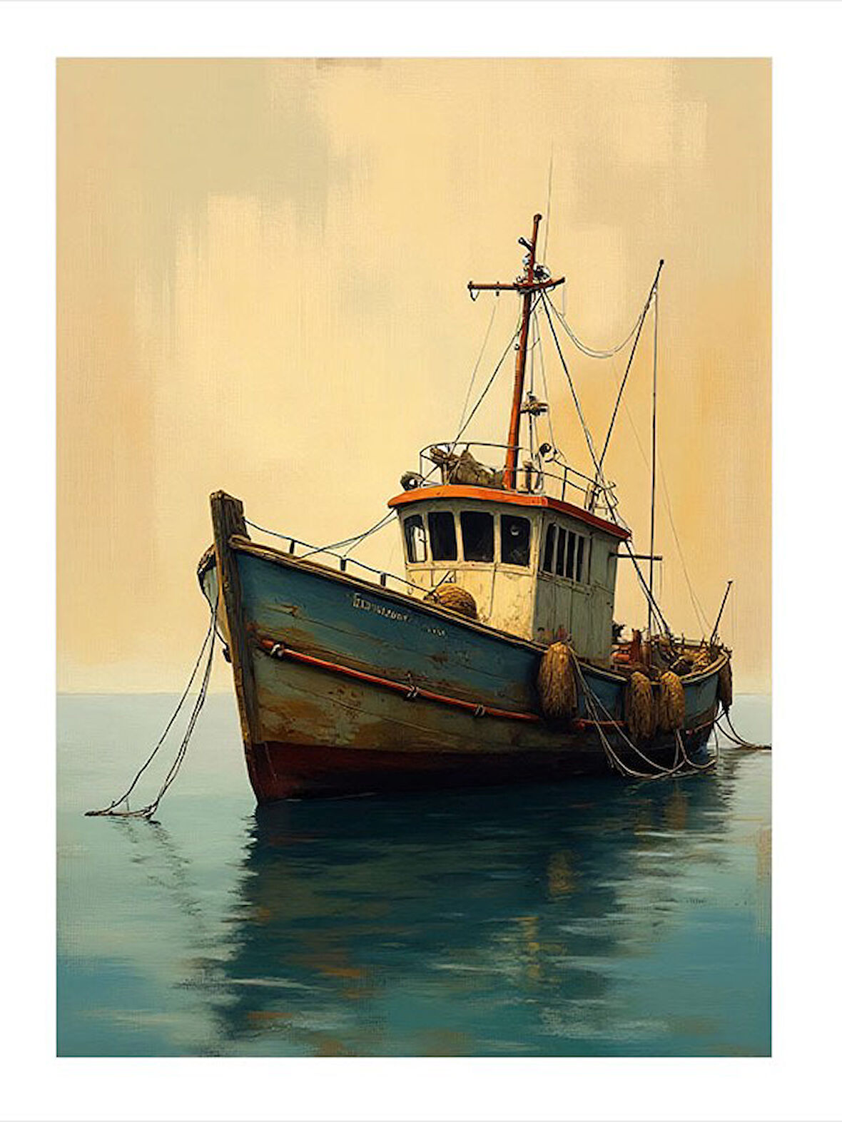 Balıkçı Teknesi Ve Sakin Deniz Dekoratif ahşap Tablo