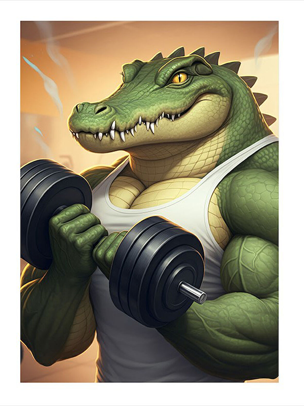 Dumbbell Kaldıran Kaslı Timsah Model Ahşap Tablo