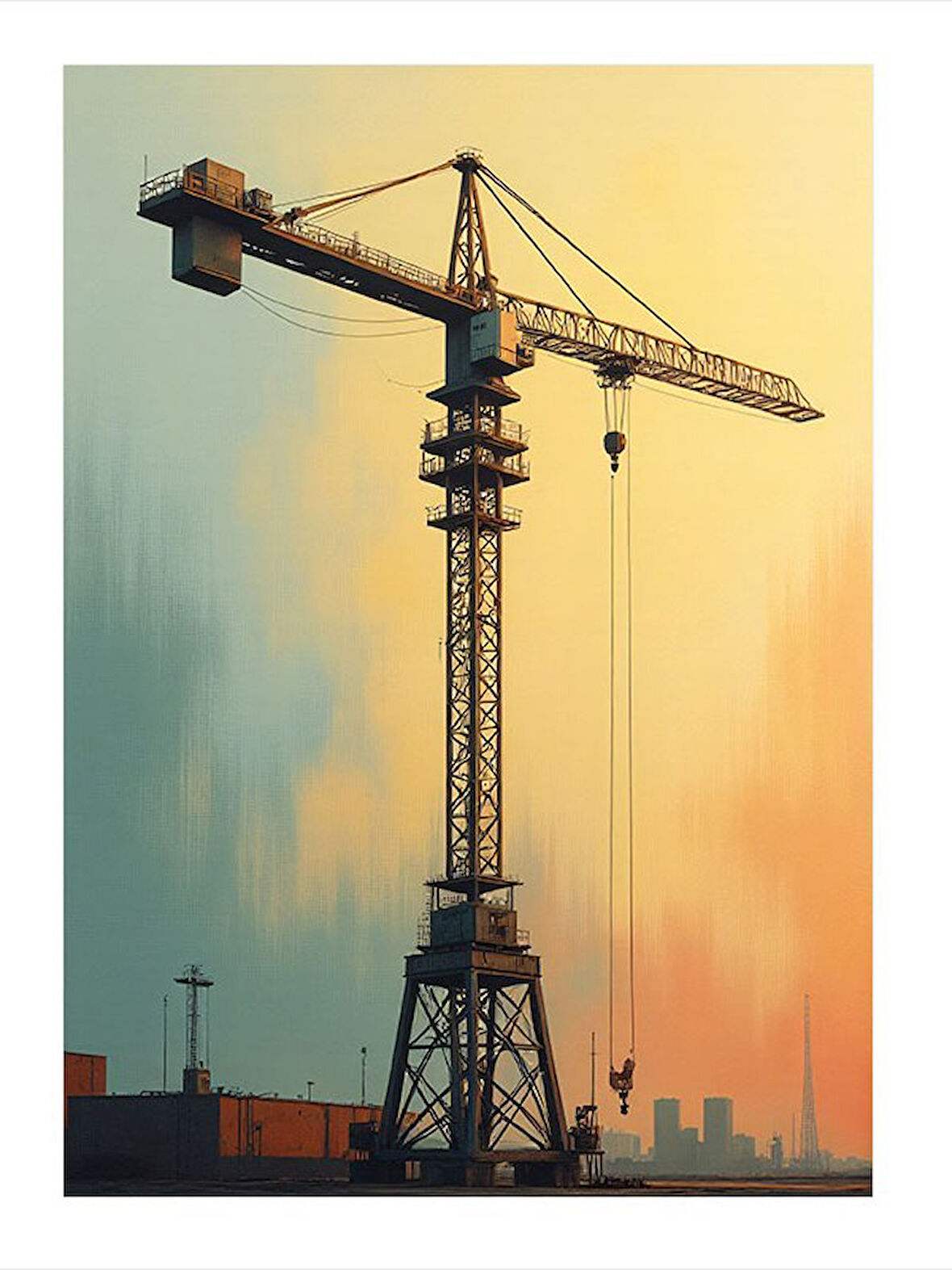 Kule Vinç Ve Şehir Silüeti Dekoratif ahşap Tablo