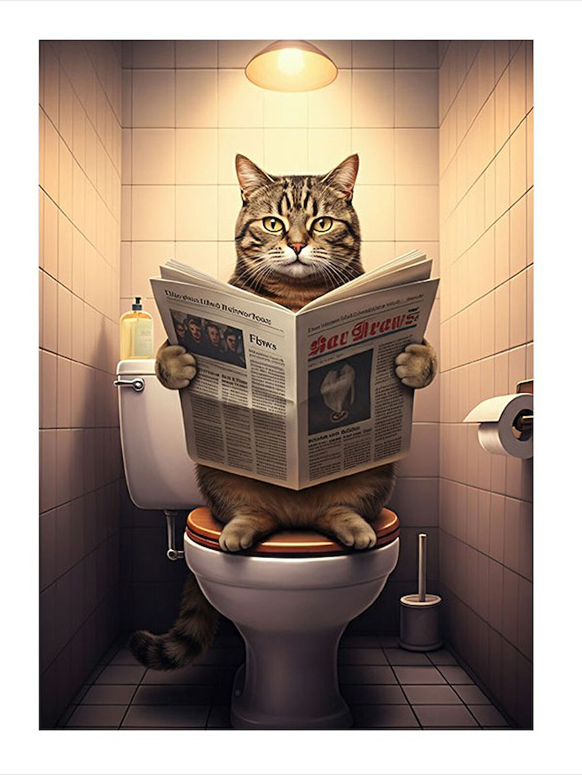 Gazete Okuyan Tuvalette Kedi Dekoratif Mdf Tablo
