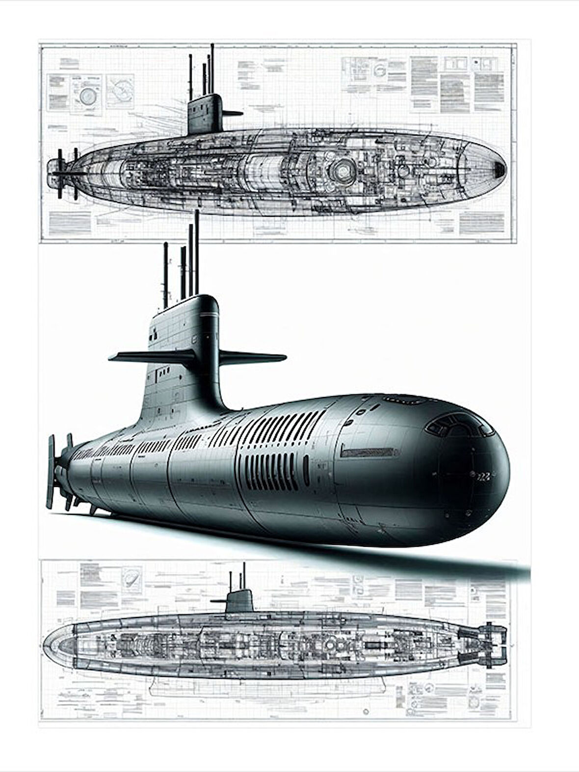 Denizaltı Çizim Şeması Modern Ahşap Tablo