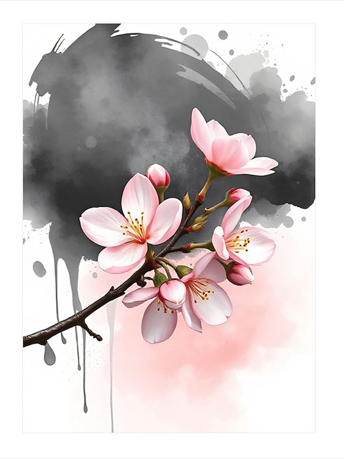 Kiraz Çiçeği Dalı Ve Siyah Mürekkep Hediyelik Mdf Tablo