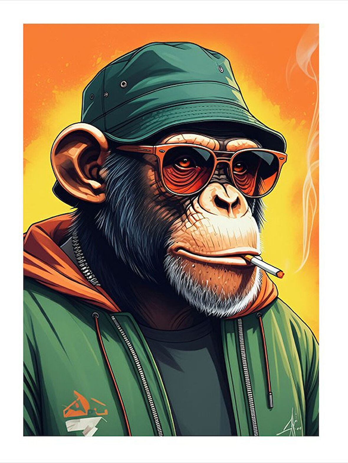 Şapkalı Renkli Maymun Desenli Mdf Tablo