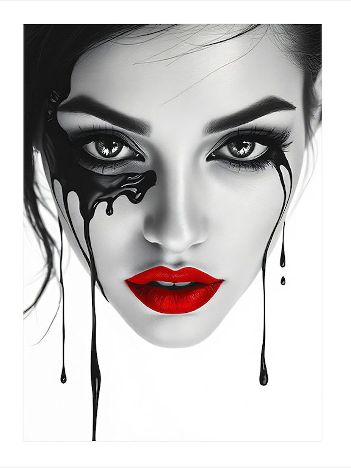 Siyah Beyaz Damlayan Makyajlı Yüz Model Mdf tablo
