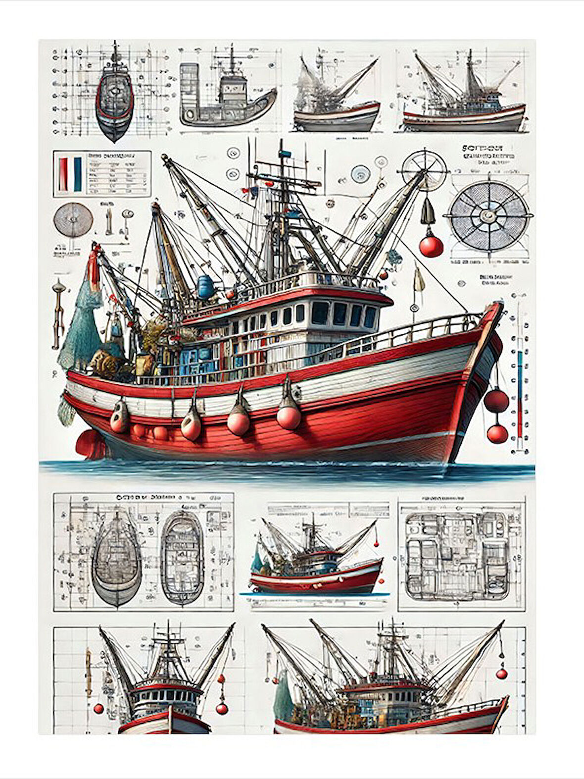 Teknik Çizimle Balıkçı Gemisi Mdf poster