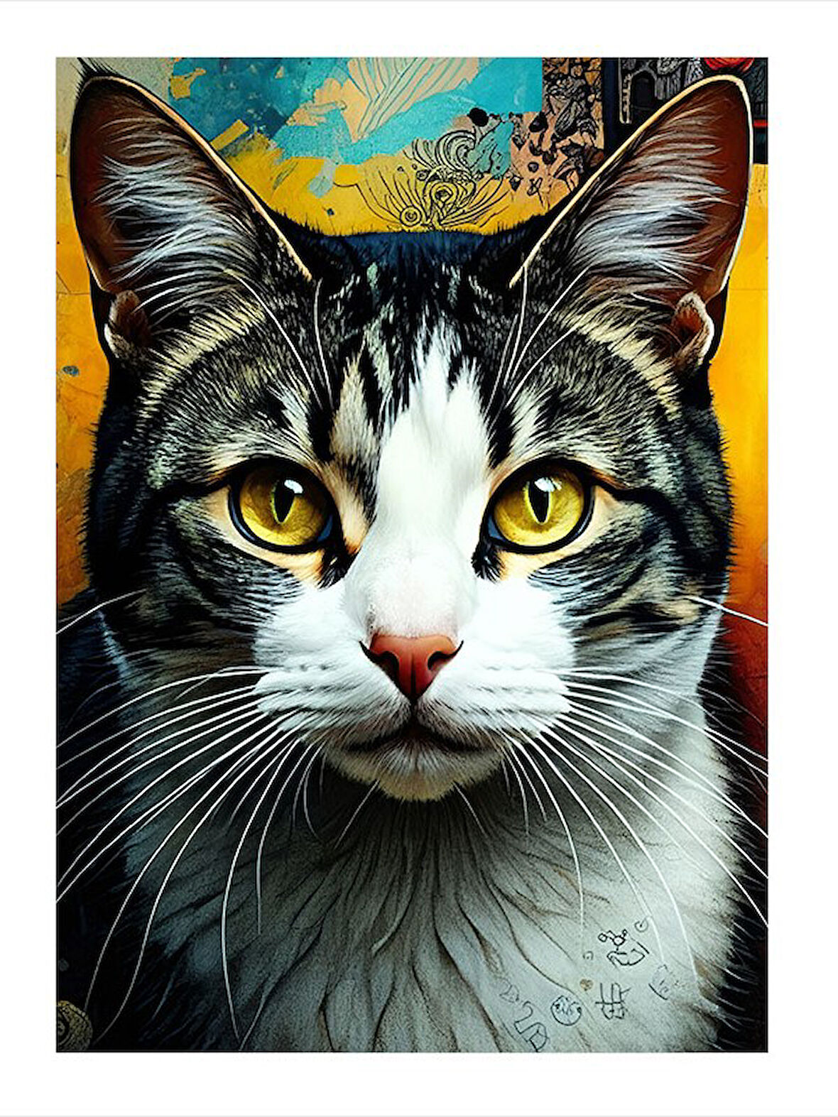 Bakışları Güçlü Renkli Kedi Tasarım Ahşap Tablo