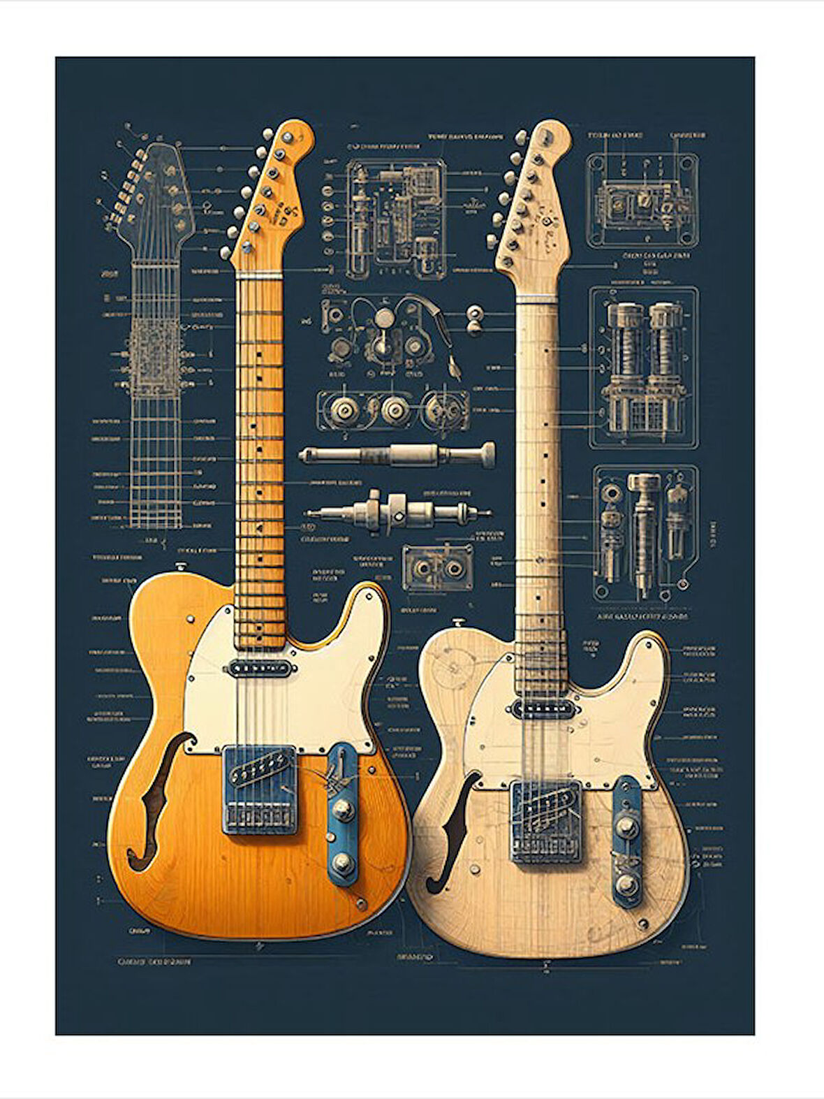 Müzikal Gitar Çizimleri Modern Ahşap Tablo