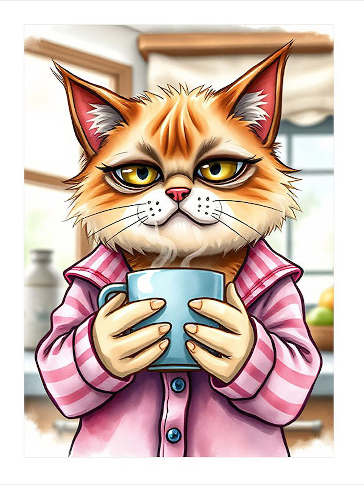 Kupa Tutan Sıcak Kedinin Karikatürü Hediyelik Ahşap Tablo