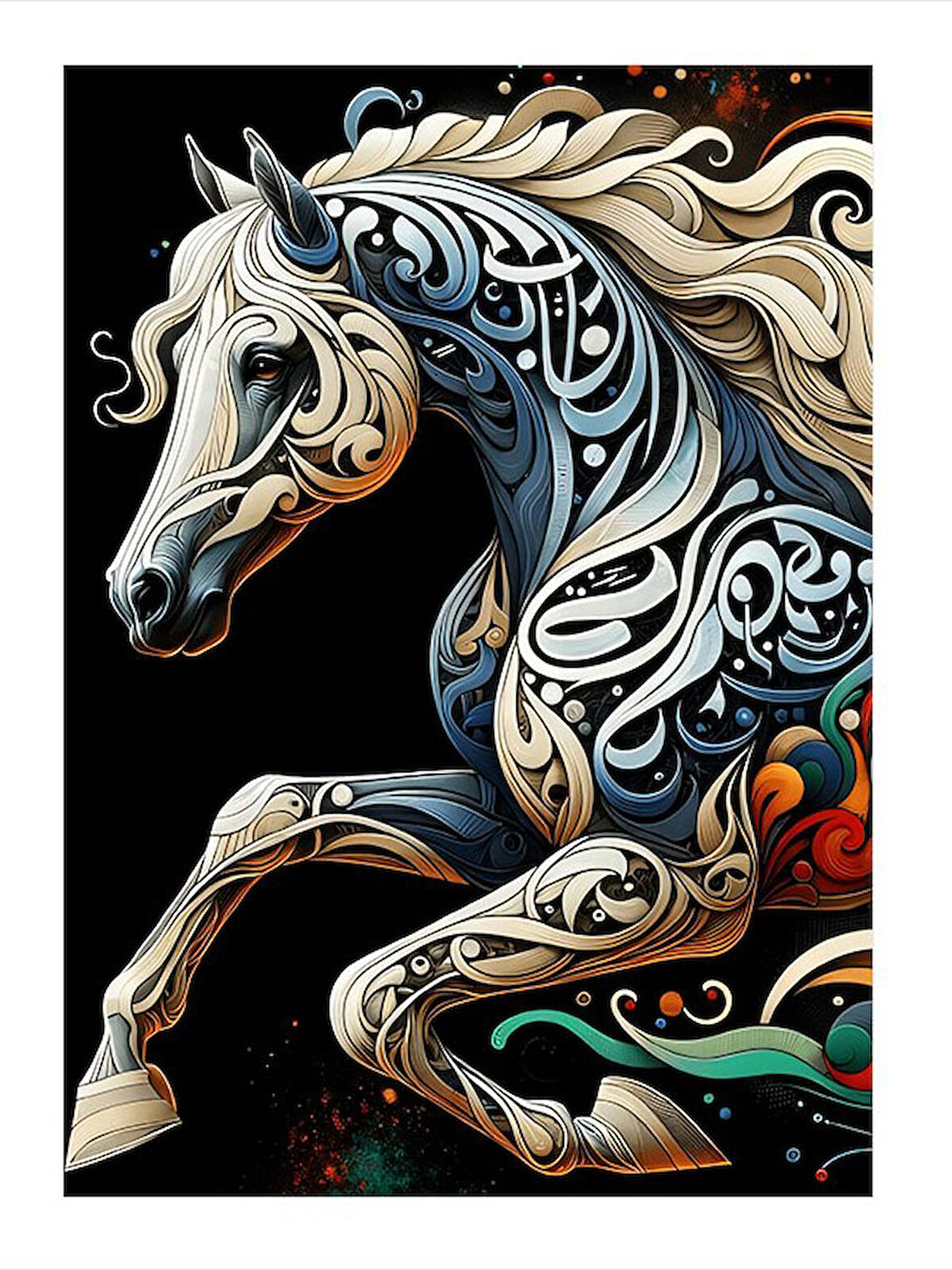 Etnik Süslemeli Beyaz At Dekoratif ahşap Tablo