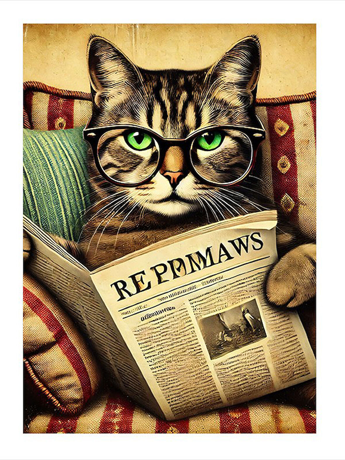 Gazete Okuyan Ciddi Kedi Model Mdf tablo